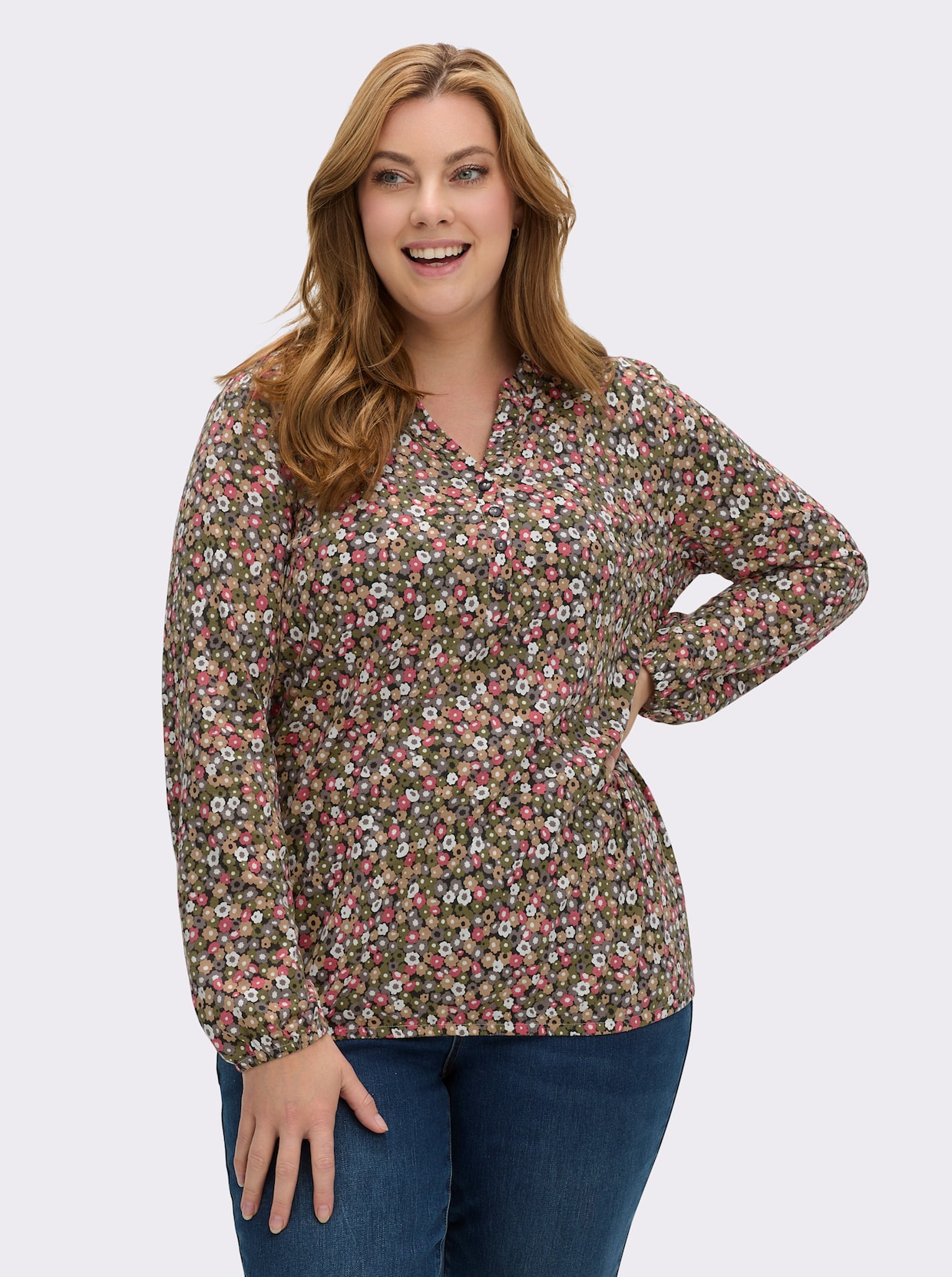 Print-Shirt mit Rüschen - grapefruit-oliv-bedruckt