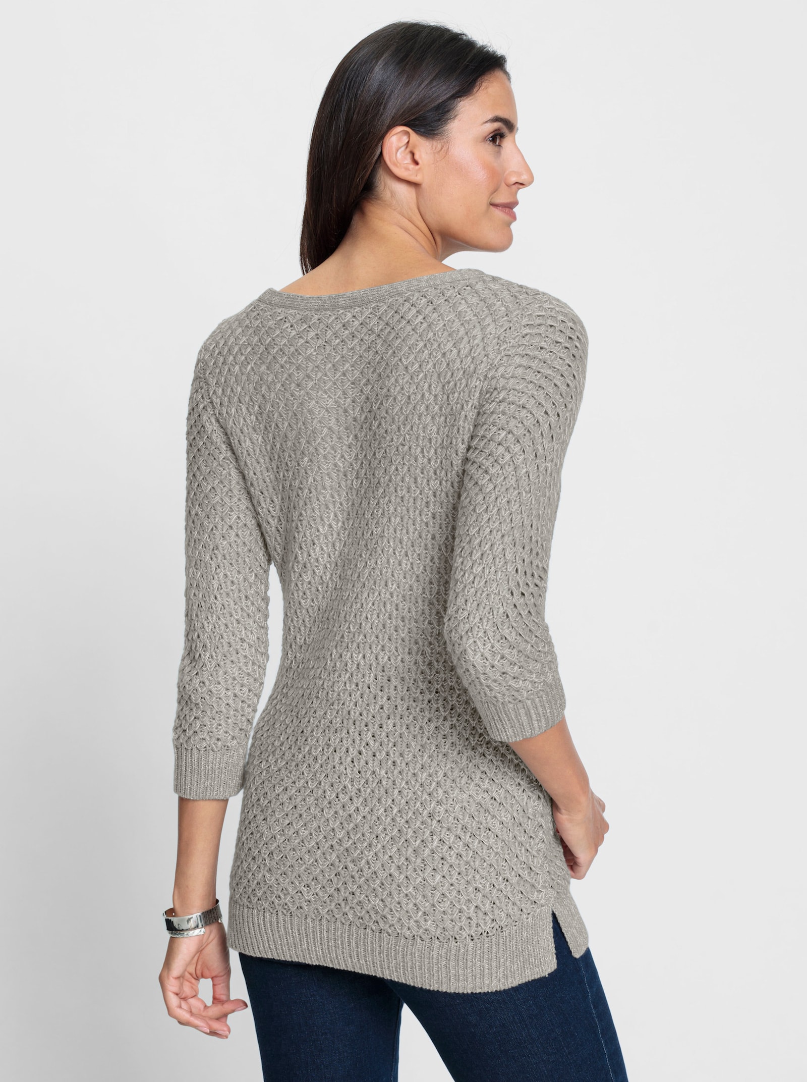 Ajourpullover met breipatroon rondom - steengrijs/ecru gemêleerd