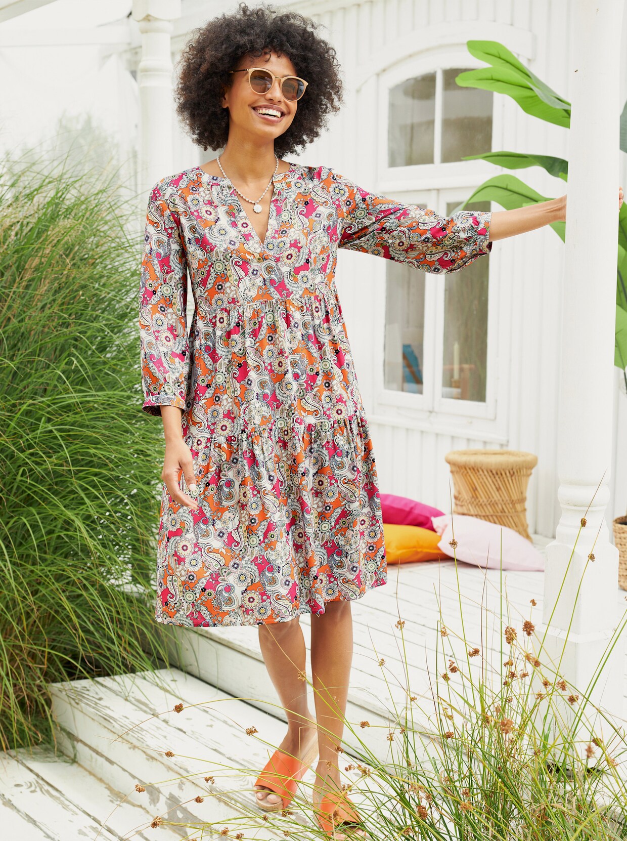 heine Druck-Kleid - mandarine-fuchsia-bedruckt