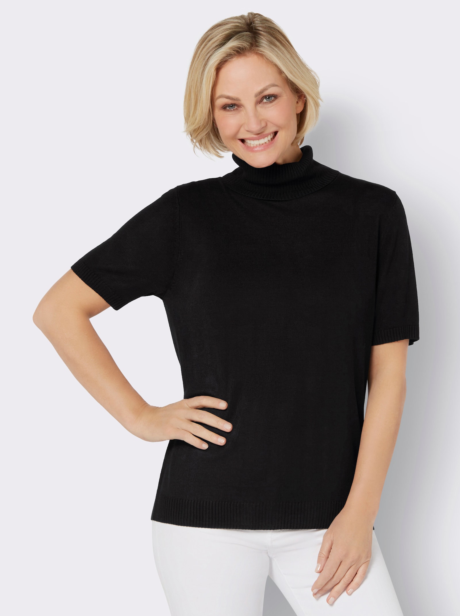 Rollkragenpullover mit Kurzarm - schwarz