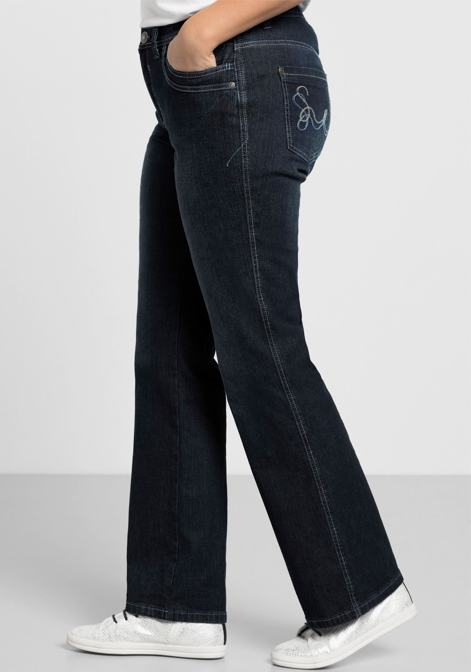 sheego Bootcut jeans met used-effecten - dark blue denim