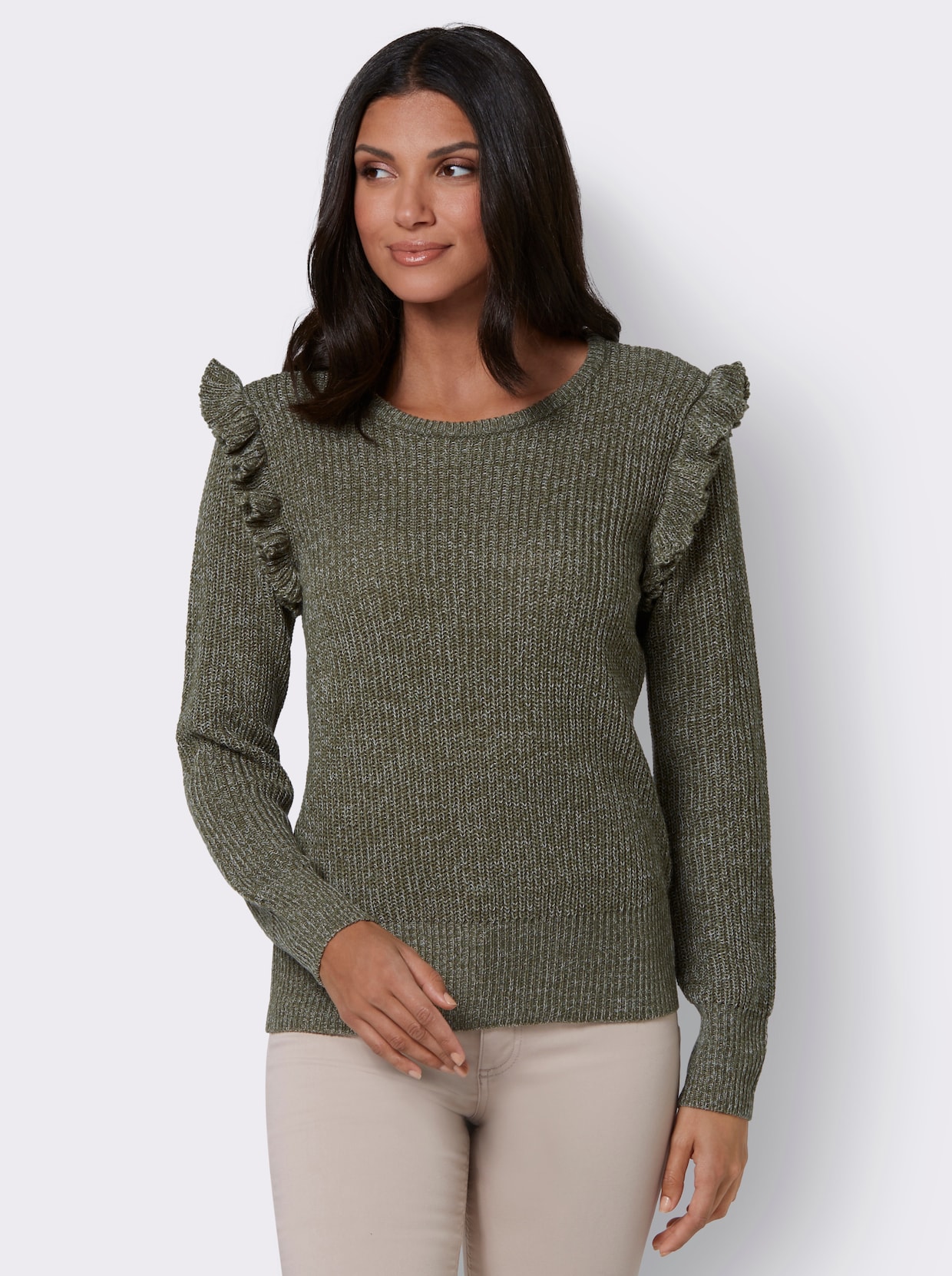 Pullover met ronde hals - kaki gemêleerd