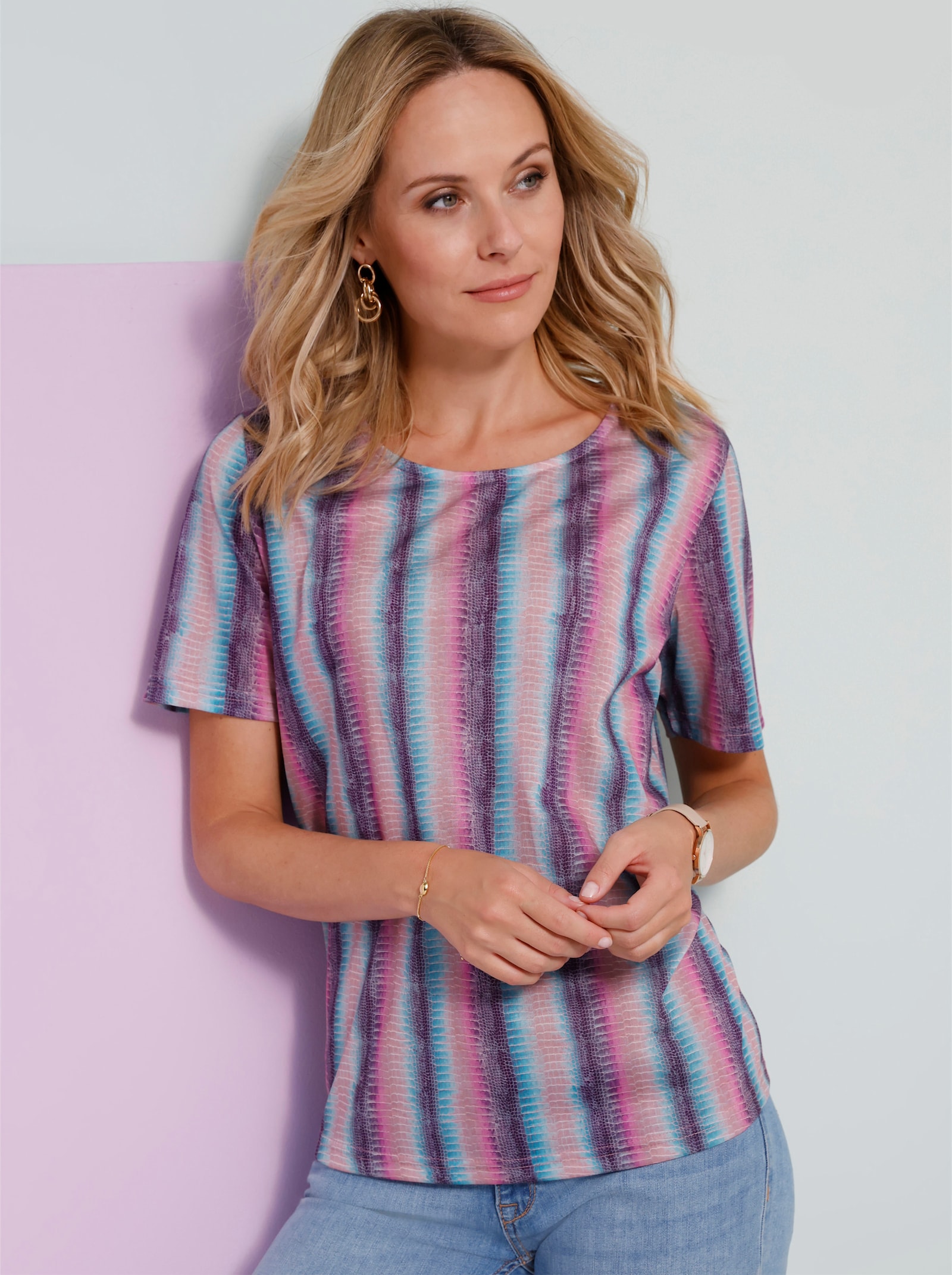 Tričko s krátkým rukávem s podélnými proužky - tyrkysová-růženínová-potisk