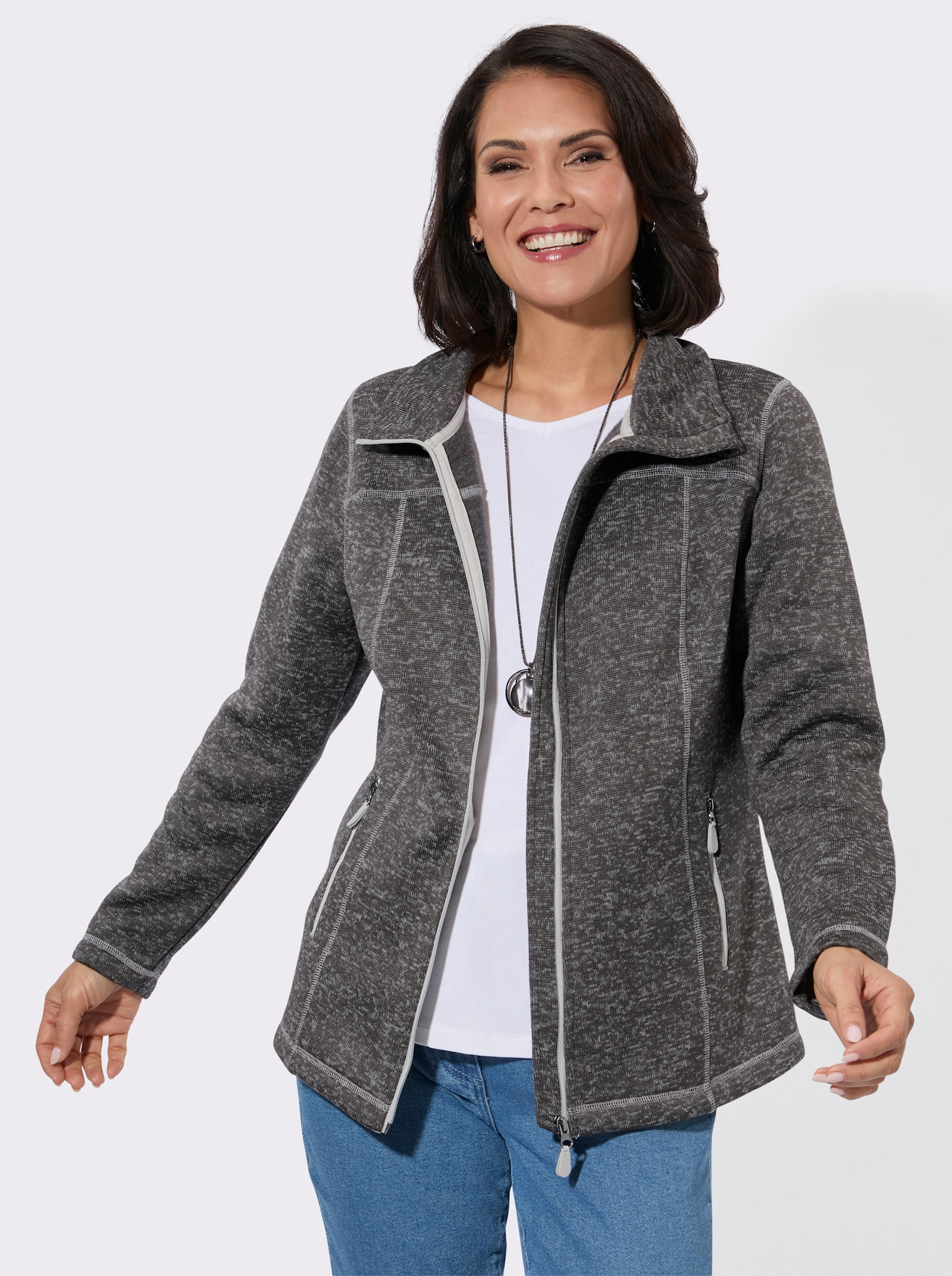 Strickfleece-Jacke mit Teilungsnähten - anthrazit-meliert