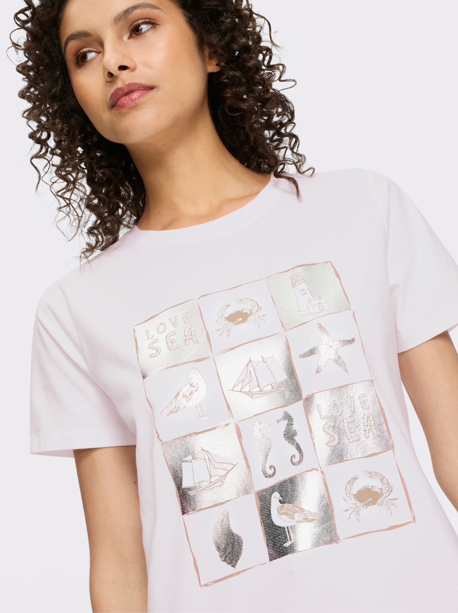 heine Kurzarmshirt mit Metallic-Druck - weiß