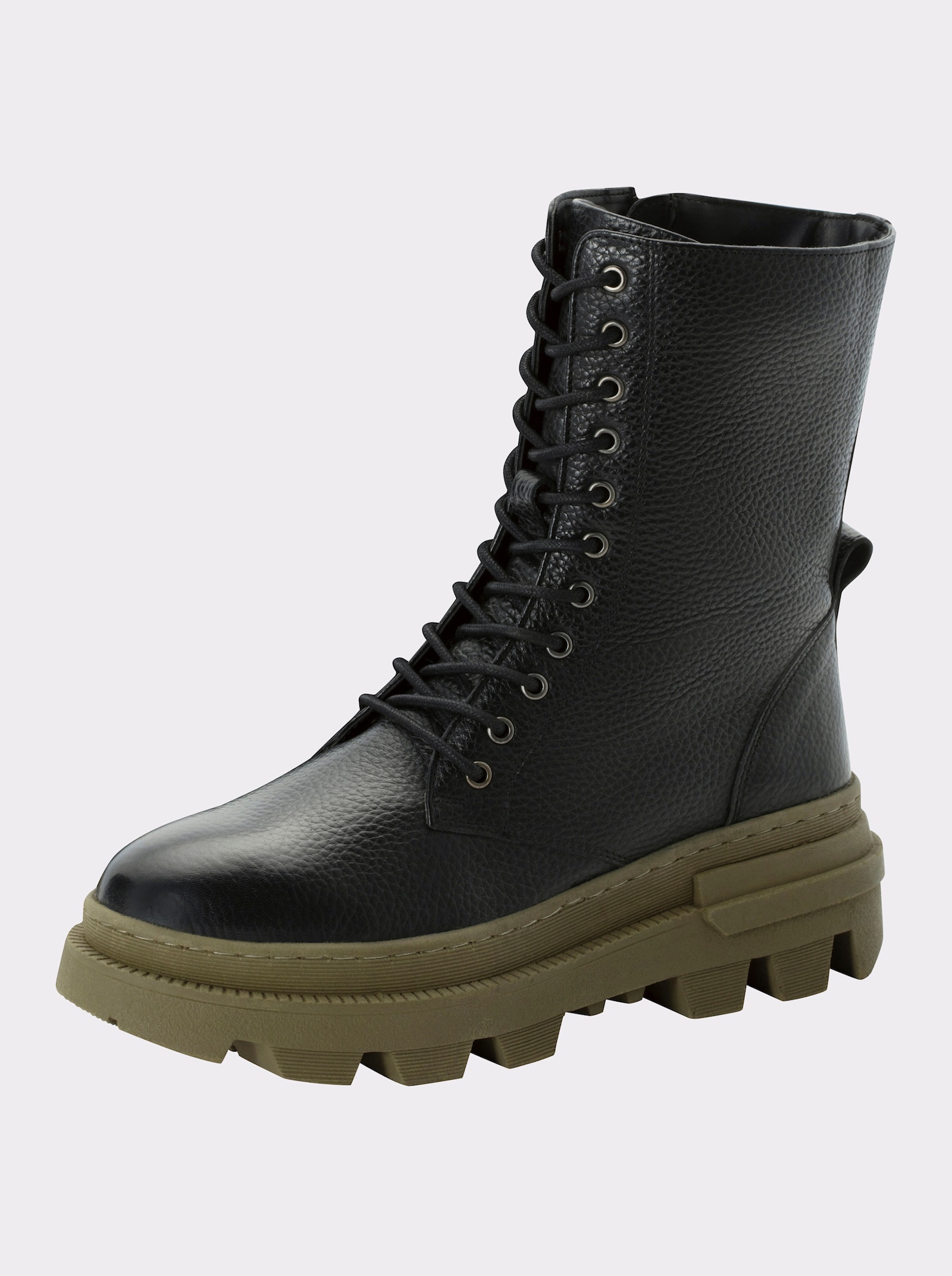 sheego Stiefelette mit Schnürung - schwarz-khaki