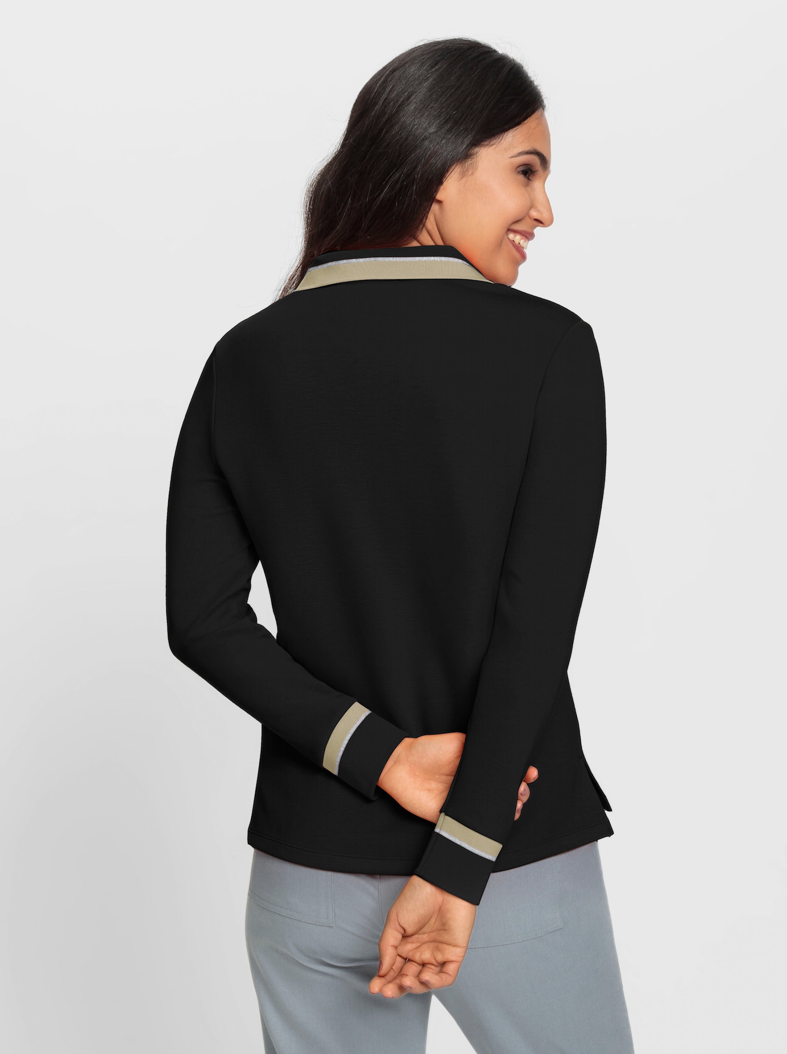 Poloshirt met contrasterende accenten - zwart/zand gedessineerd