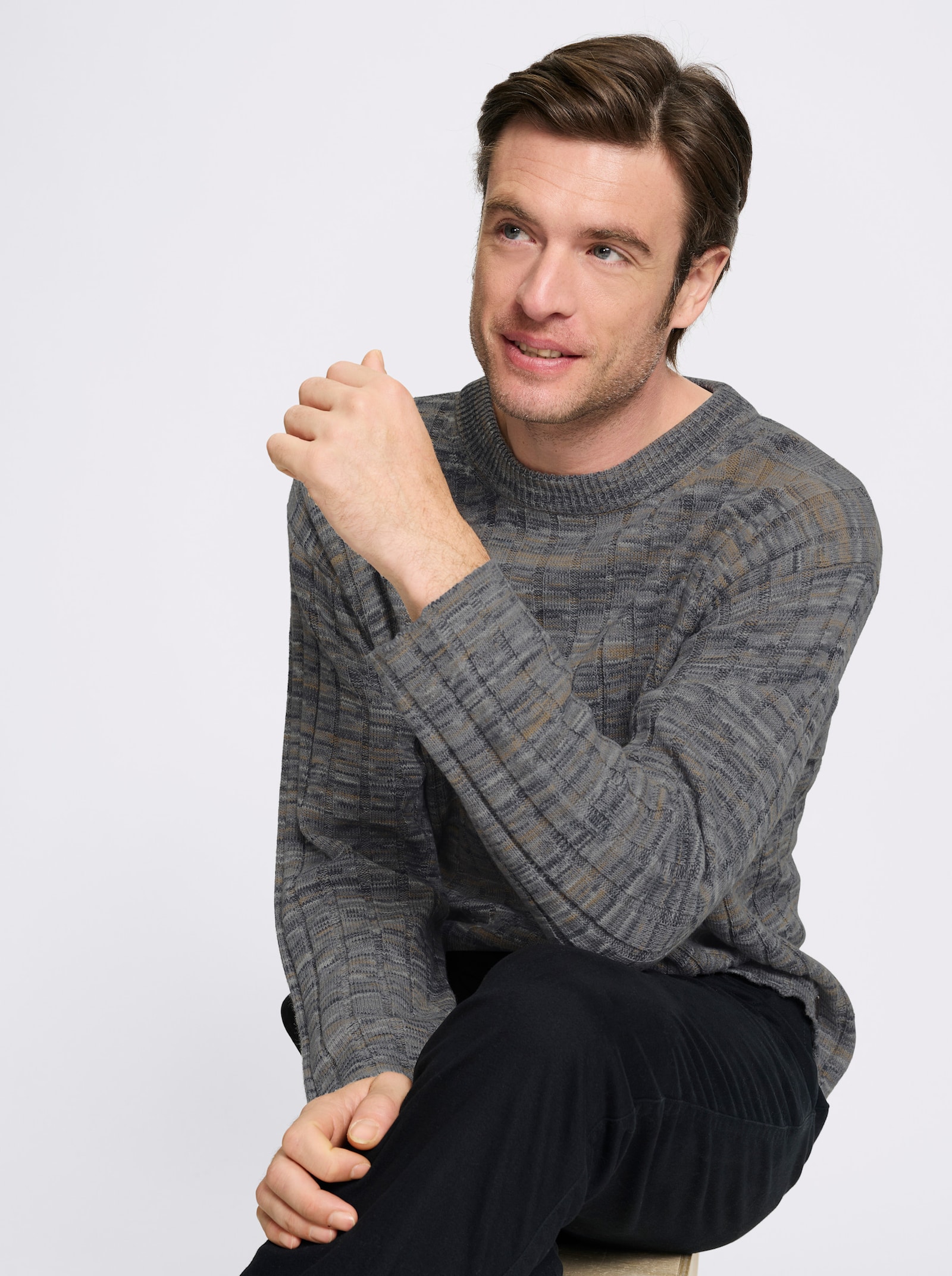 Marco Donati Rundhalspullover mit Woll-Anteil - steingrau-camel-meliert