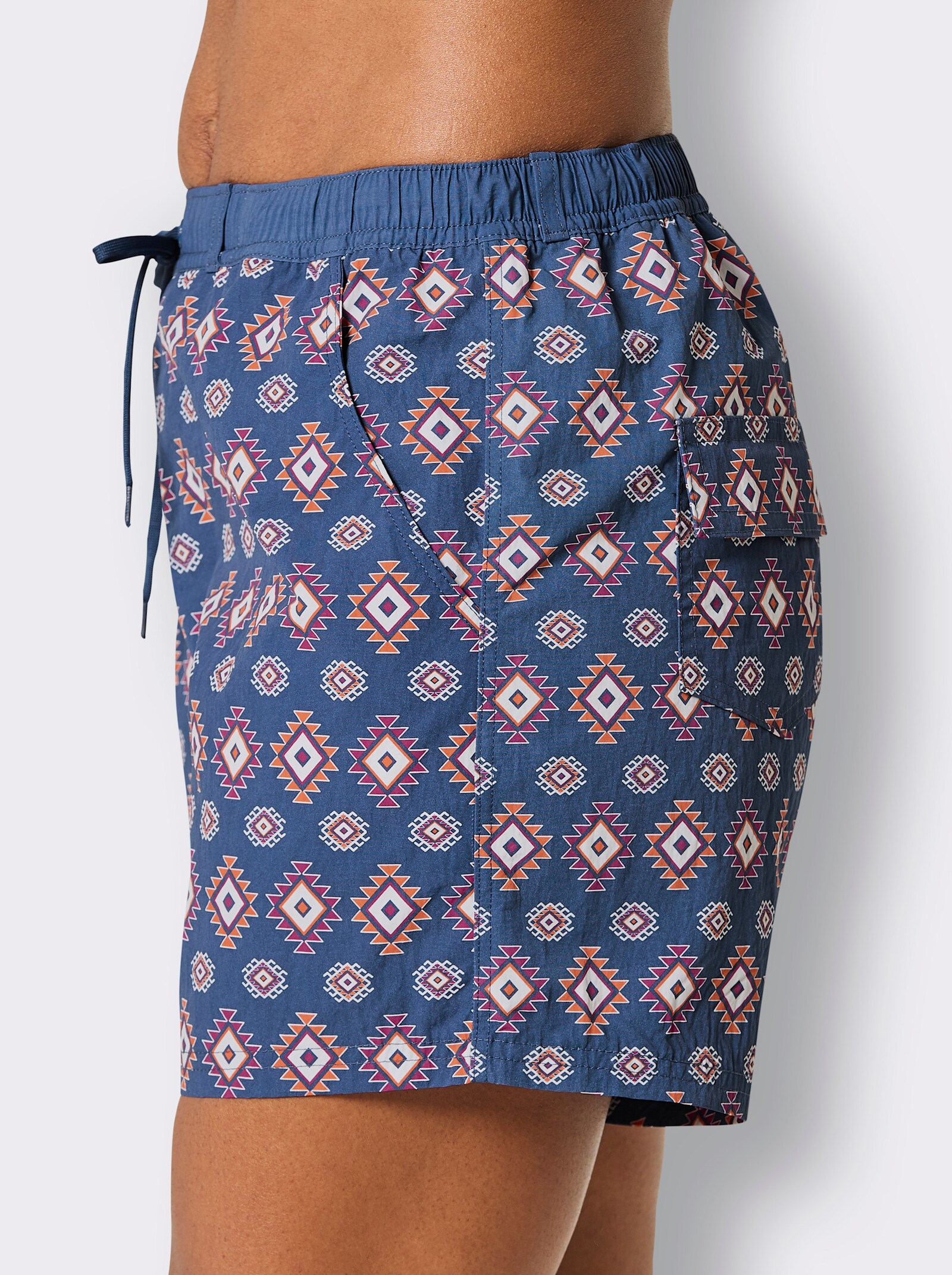 Badeshorts - jeansblau-orange-bedruckt