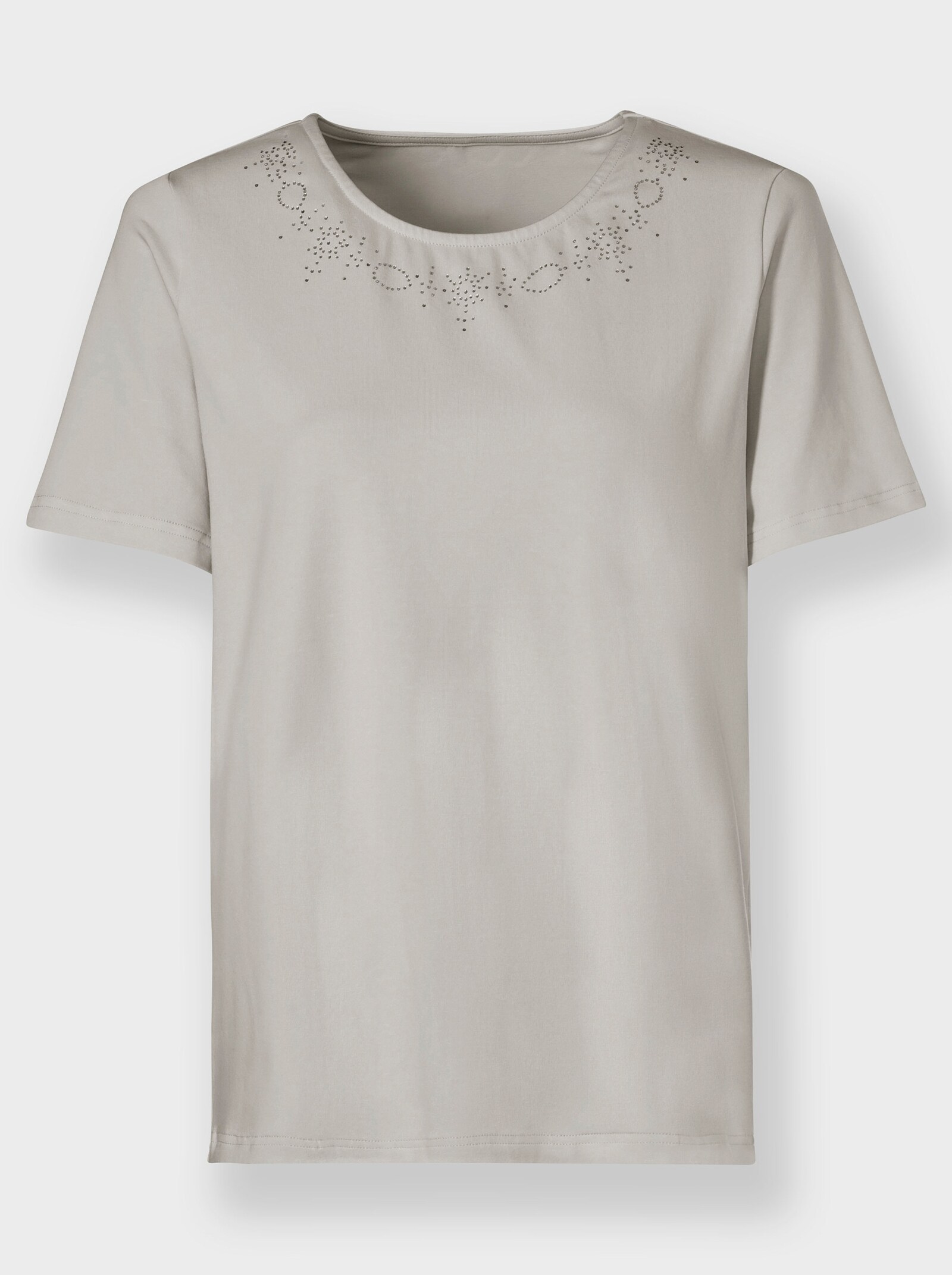 Rundhalsshirt mit Steinchenverzierung am Ausschnitt - hellgrau