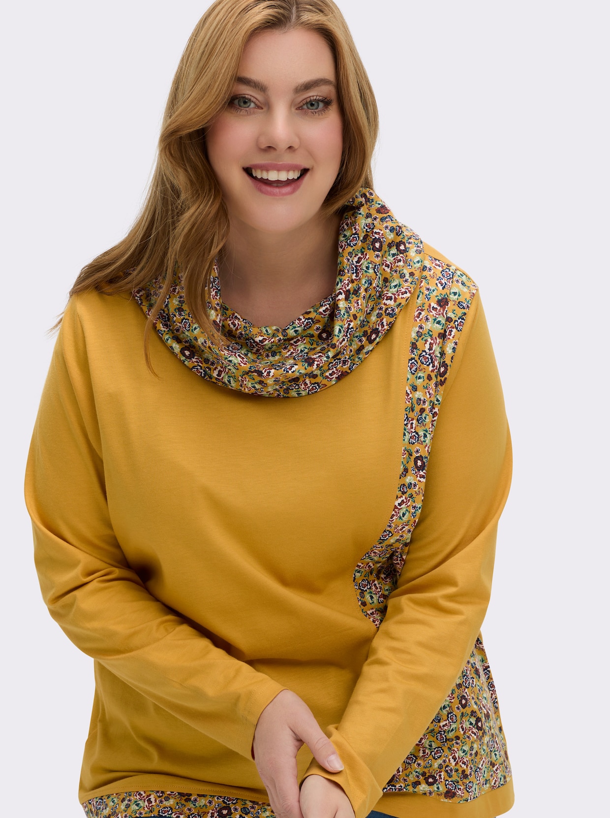 Rollkragenshirt in Wickel-Optik - ocker-marine-gemustert