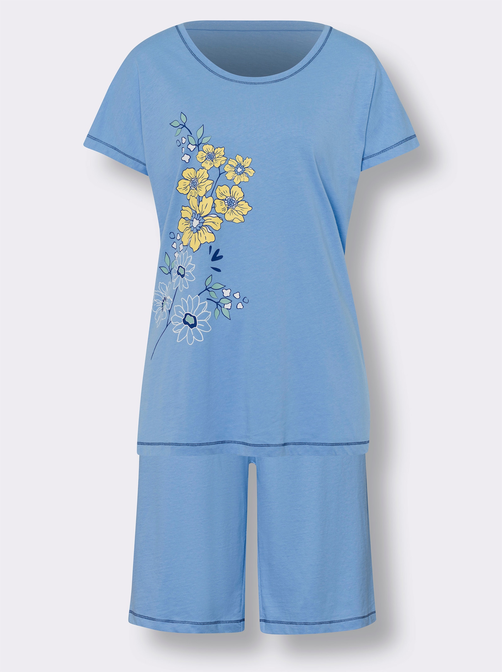 Krátké pyžamo s květinovým potiskem vpředu - nebesky modrá
