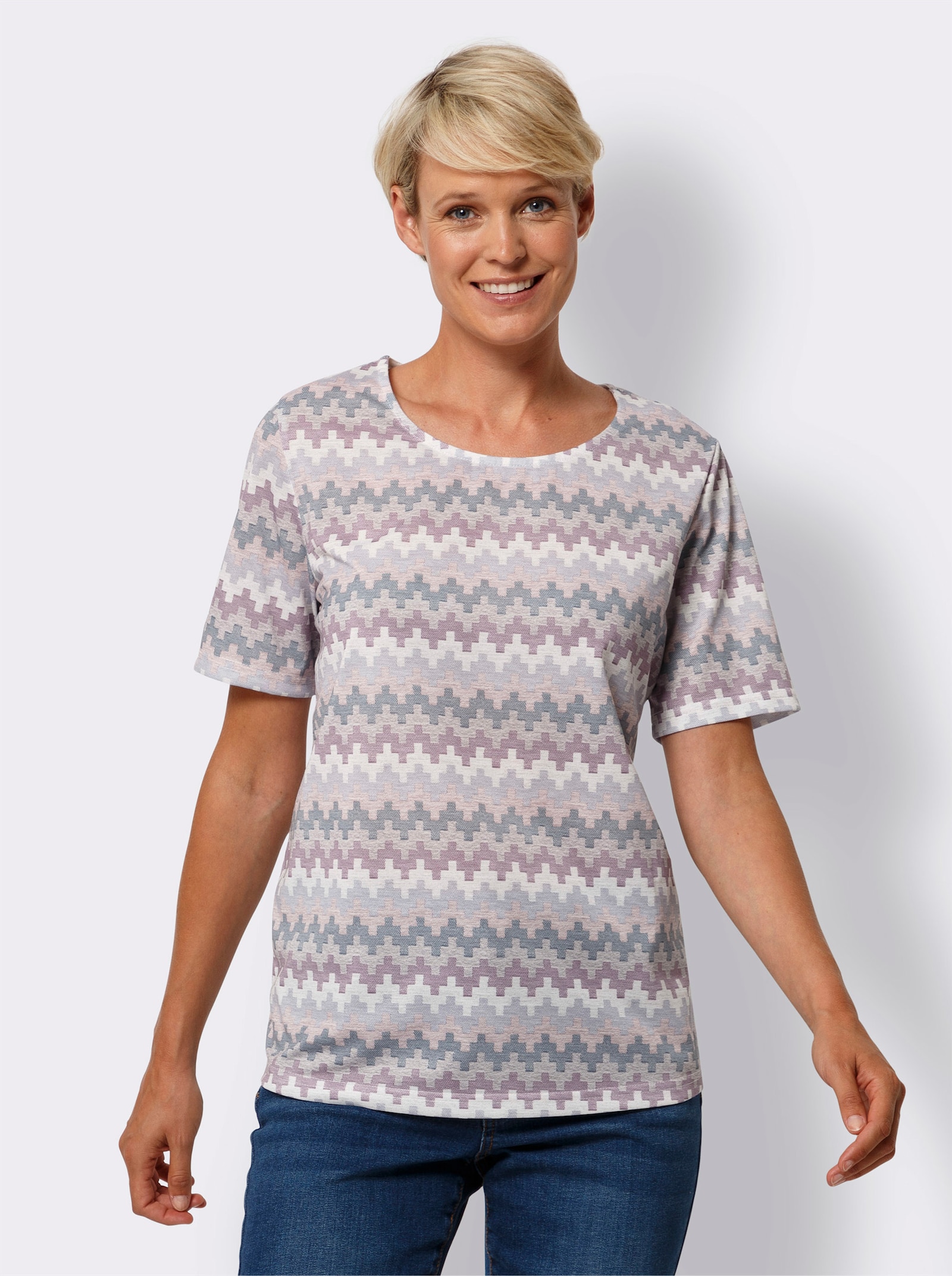 Tričko s krátkým rukávem a klikatým vzorem, snadná údržba - šeříková-fialová-potisk