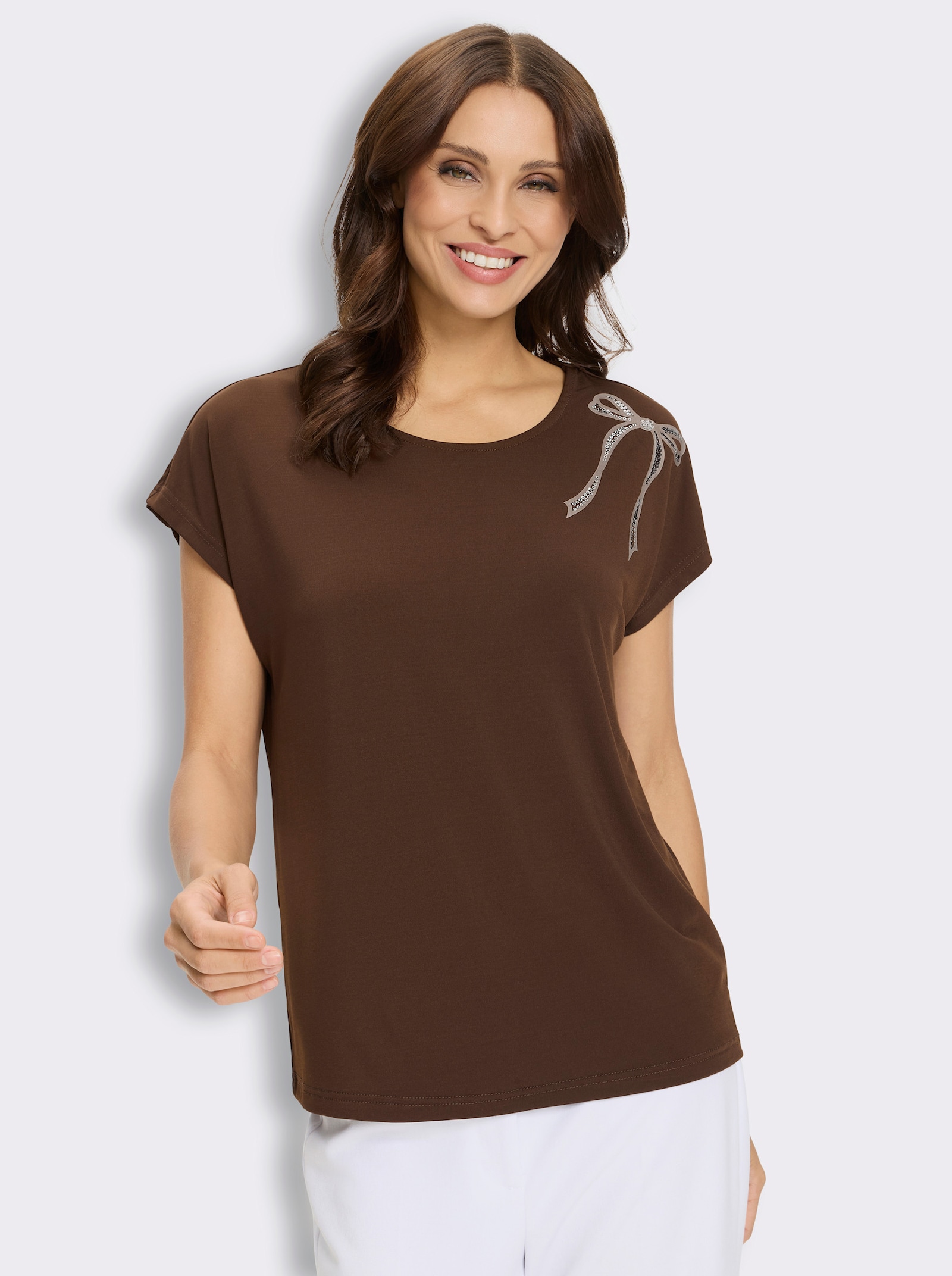 Kurzarmshirt mit Schleifchen-Stickerei - schoko