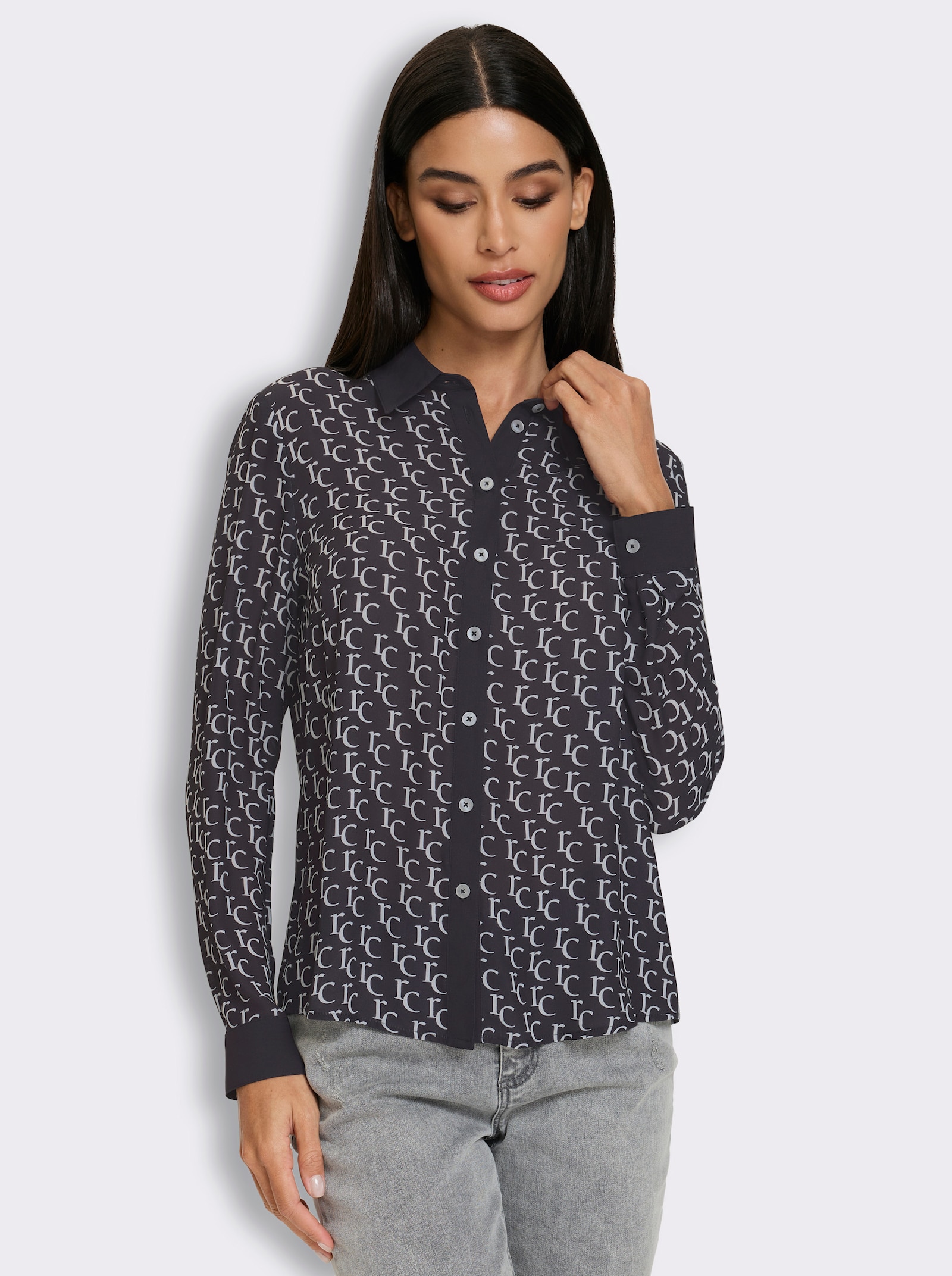heine Hemdbluse in Crêpe-Qualität - schwarz-ecru-bedruckt