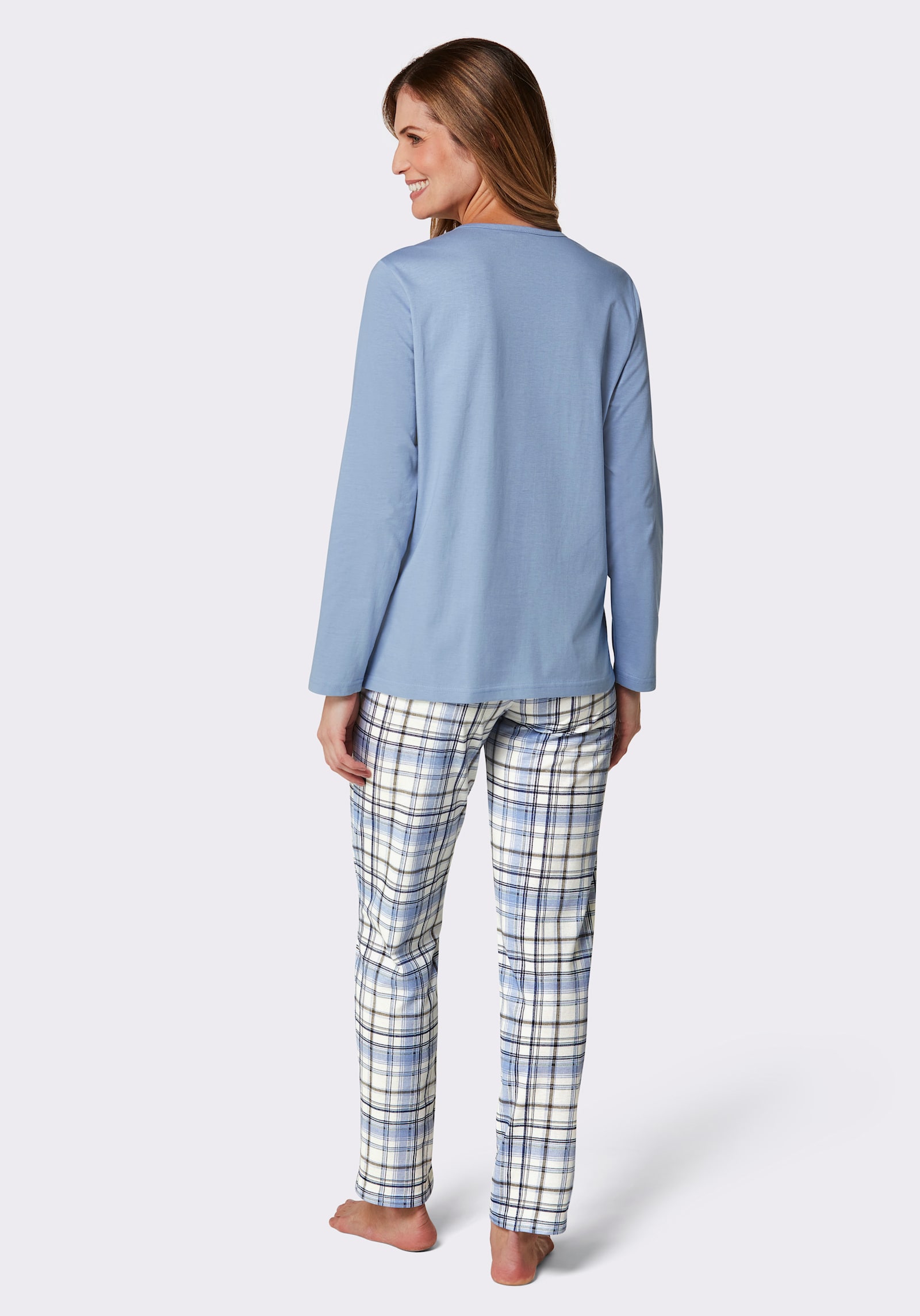 wäschepur Pyžama s kostkovanými kalhotami - hortenziová-potisk + modrá-potisk