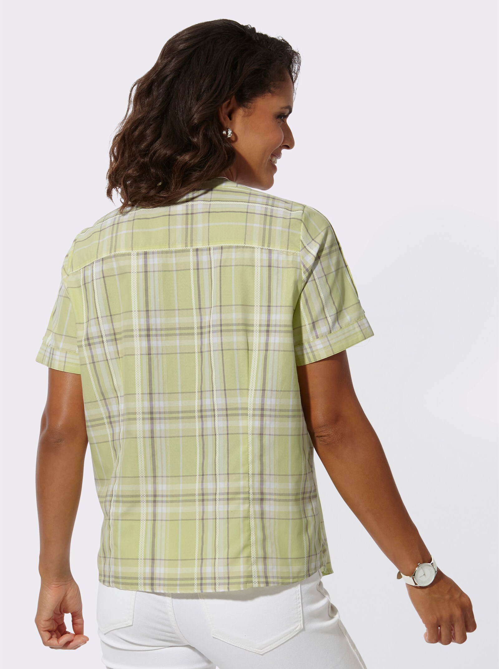 Karobluse im pflegeleichten Material-Mix - pistazie-taupe-kariert