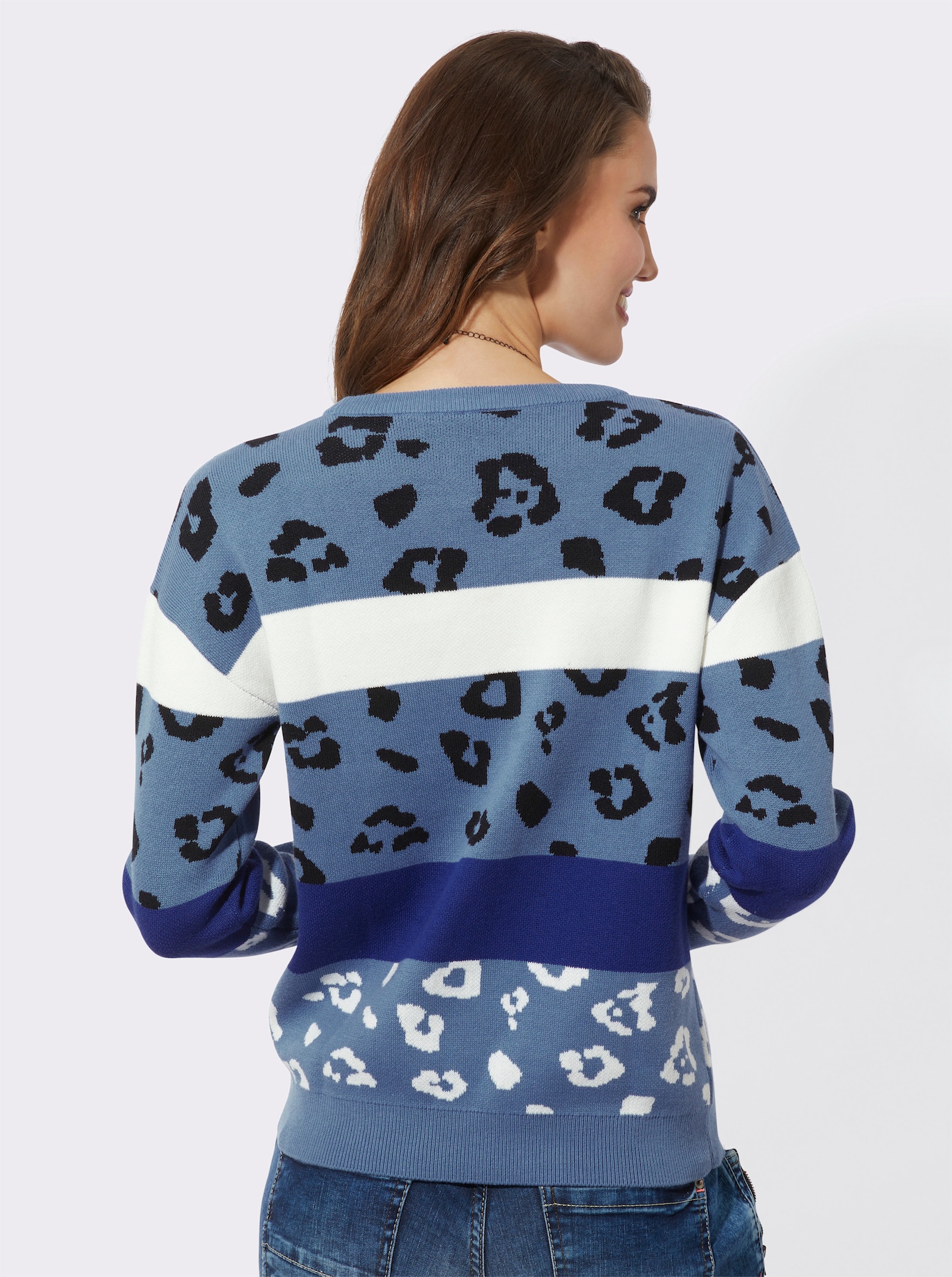 Pullover mit Glitzersteinchen-Schriftzug - mittelblau-royalblau-gemustert