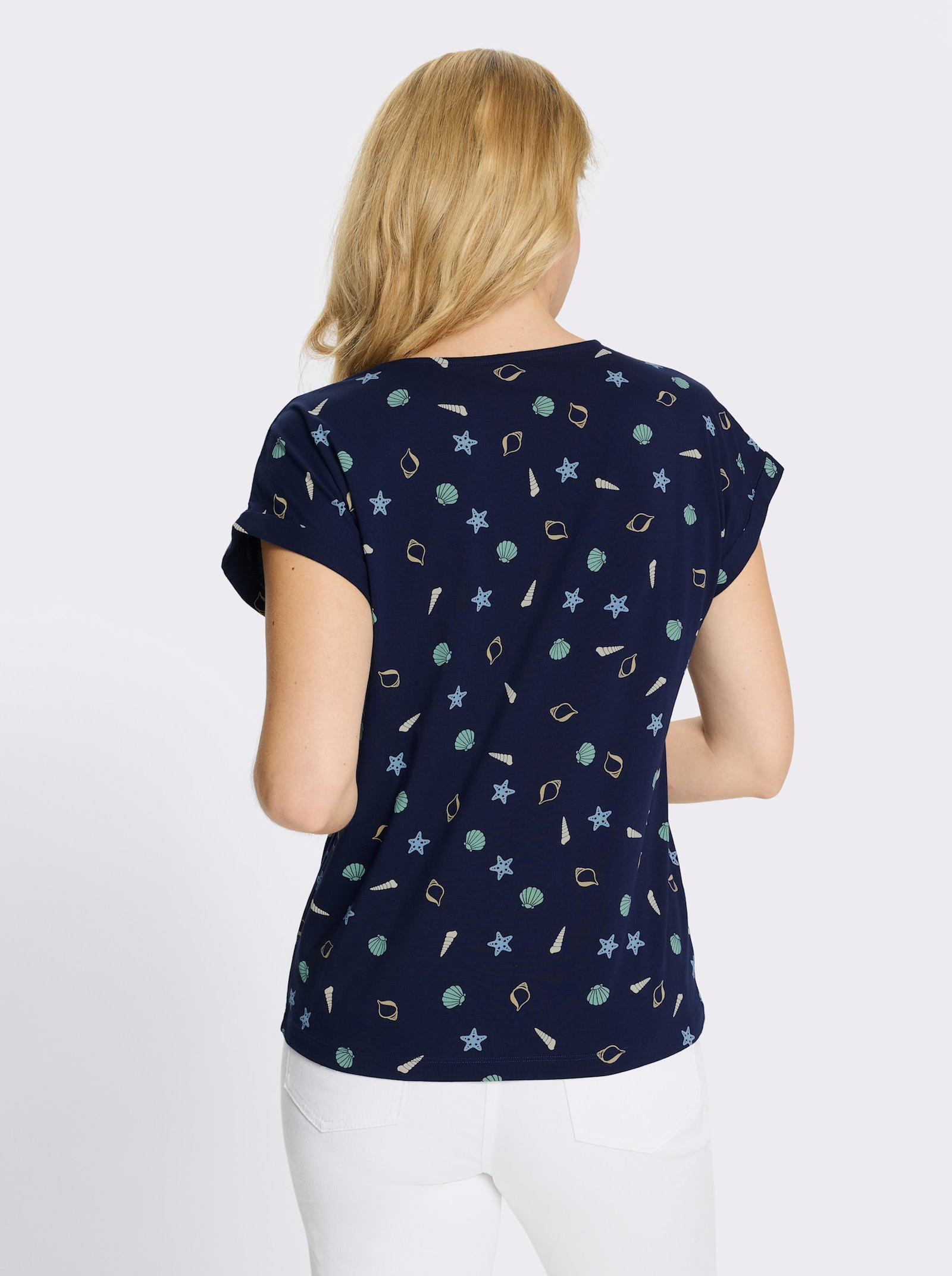 Rundhalsshirt mit maritimem Druckmuster - marine-beige-bedruckt