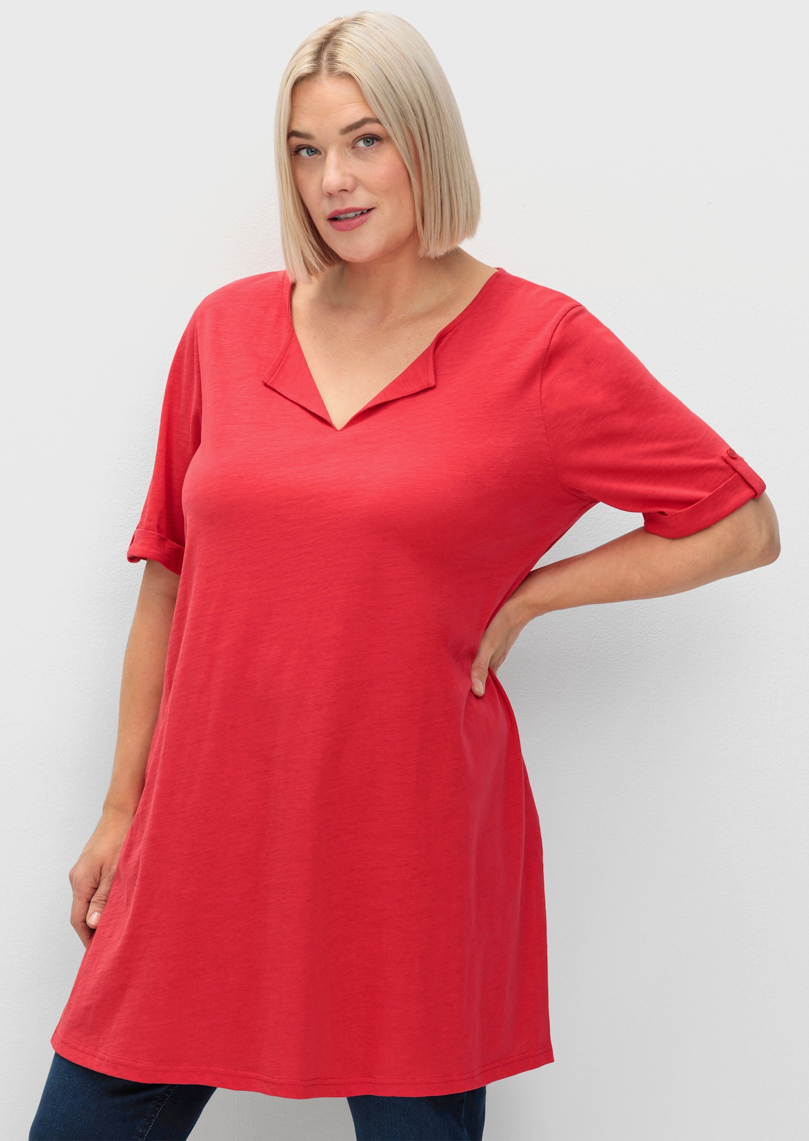 sheego Lang shirt met hals met split - aardbei