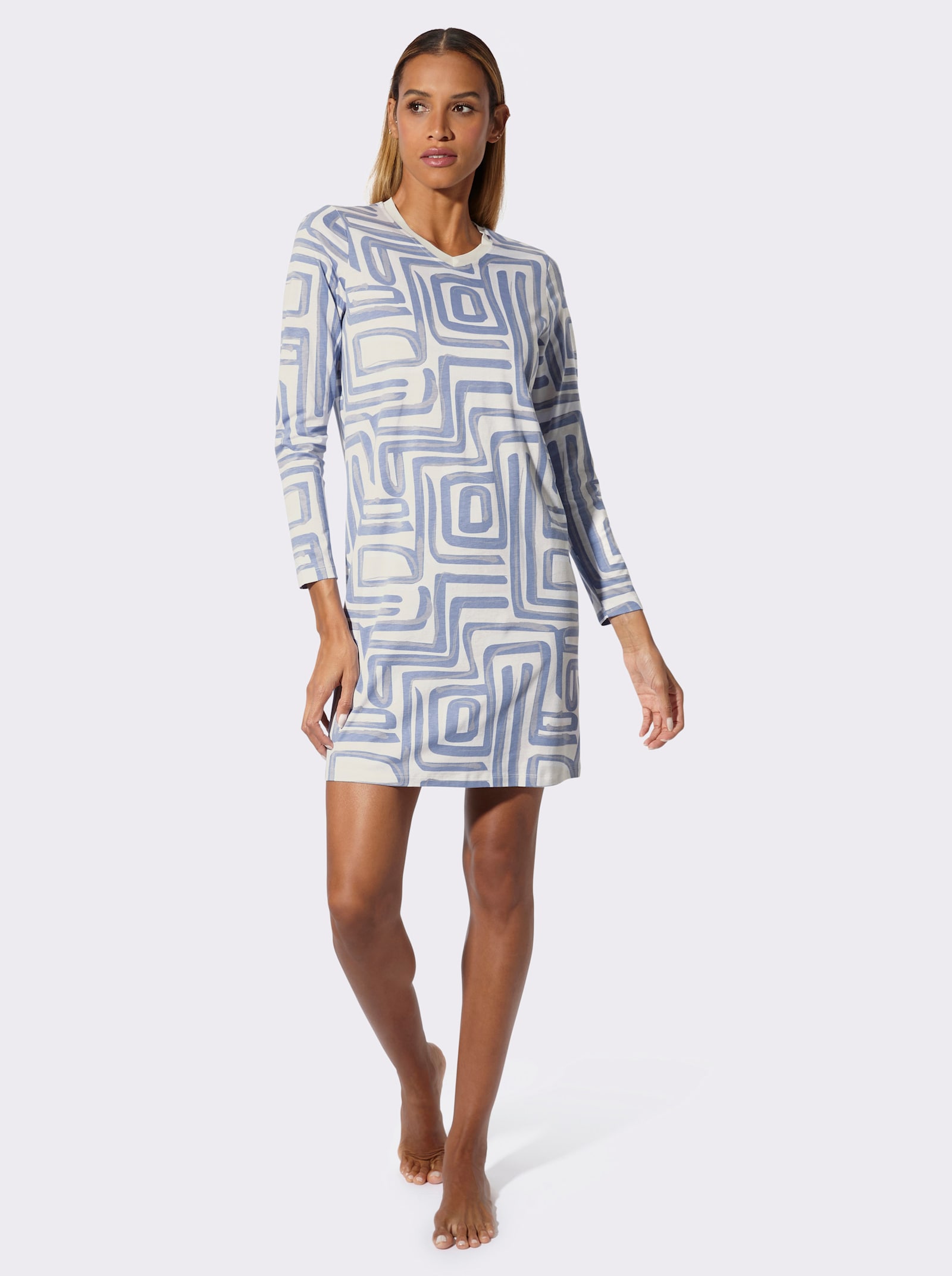 wäschepur Nachthemd mit Mesh-Detail - champagner-rauchblau-bedruckt