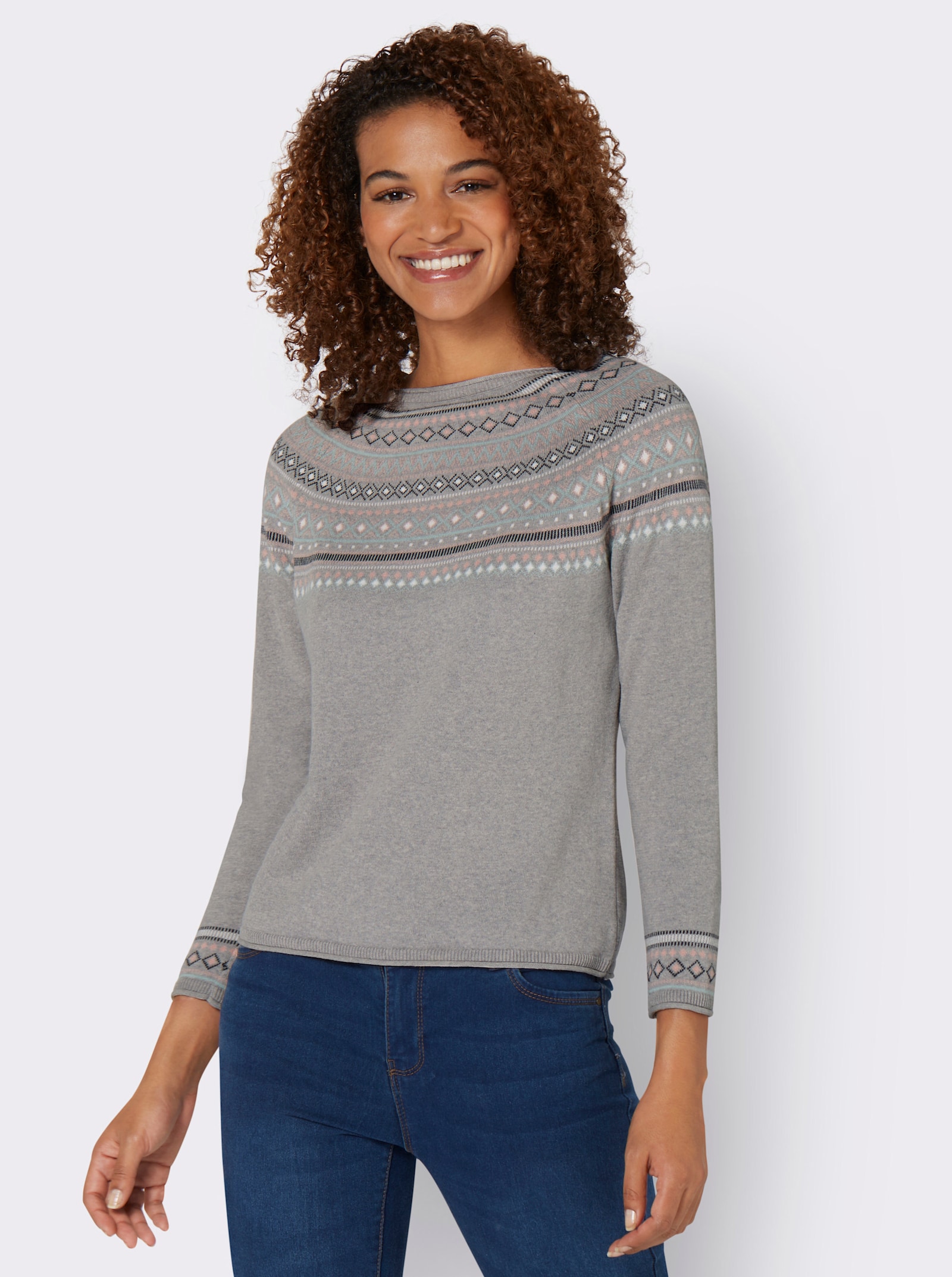 Norwegerpullover aus reiner Baumwolle - grau-meliert-gemustert