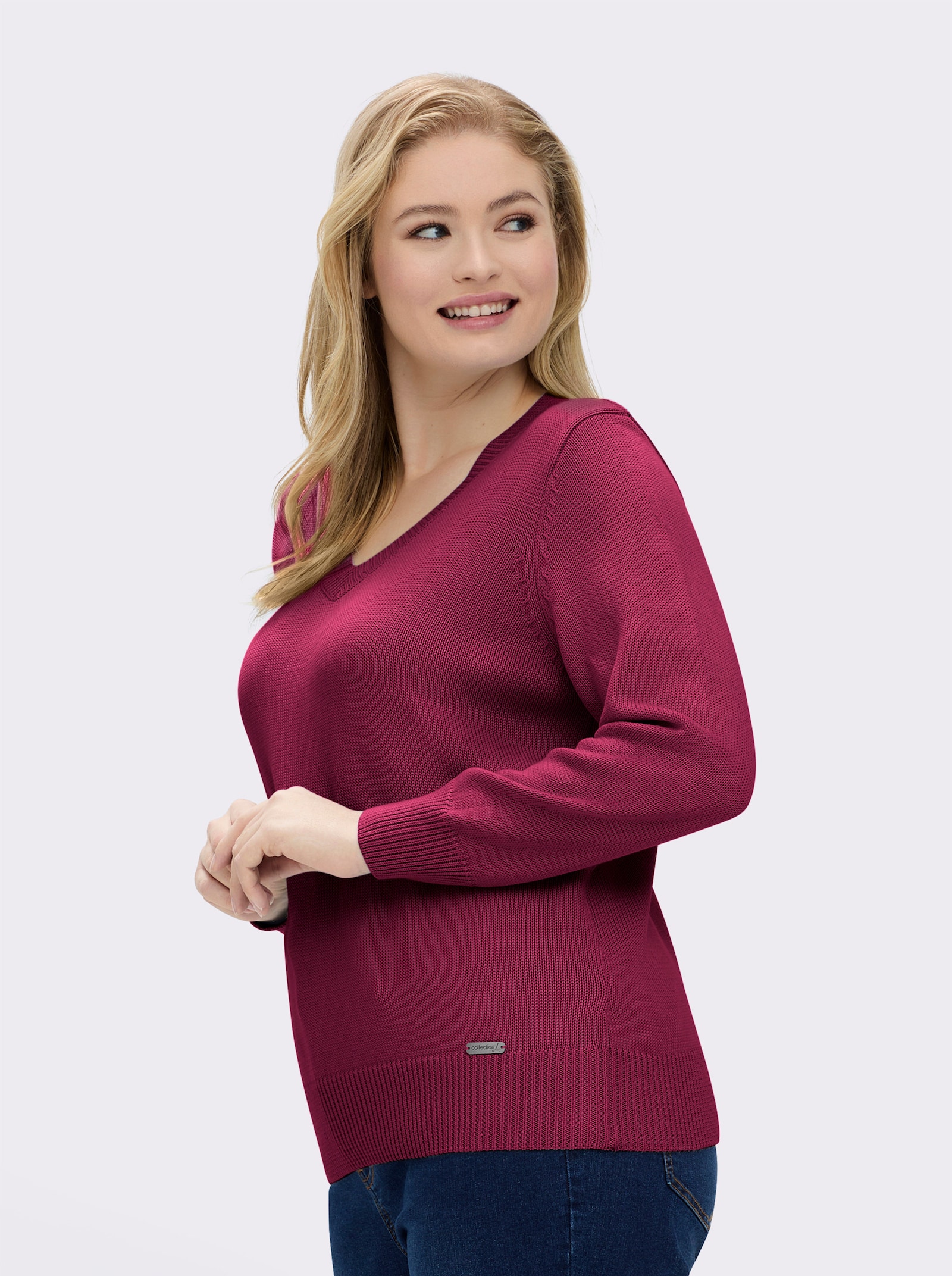 V-Ausschnitt-Pullover mit Baumwolle - fuchsia