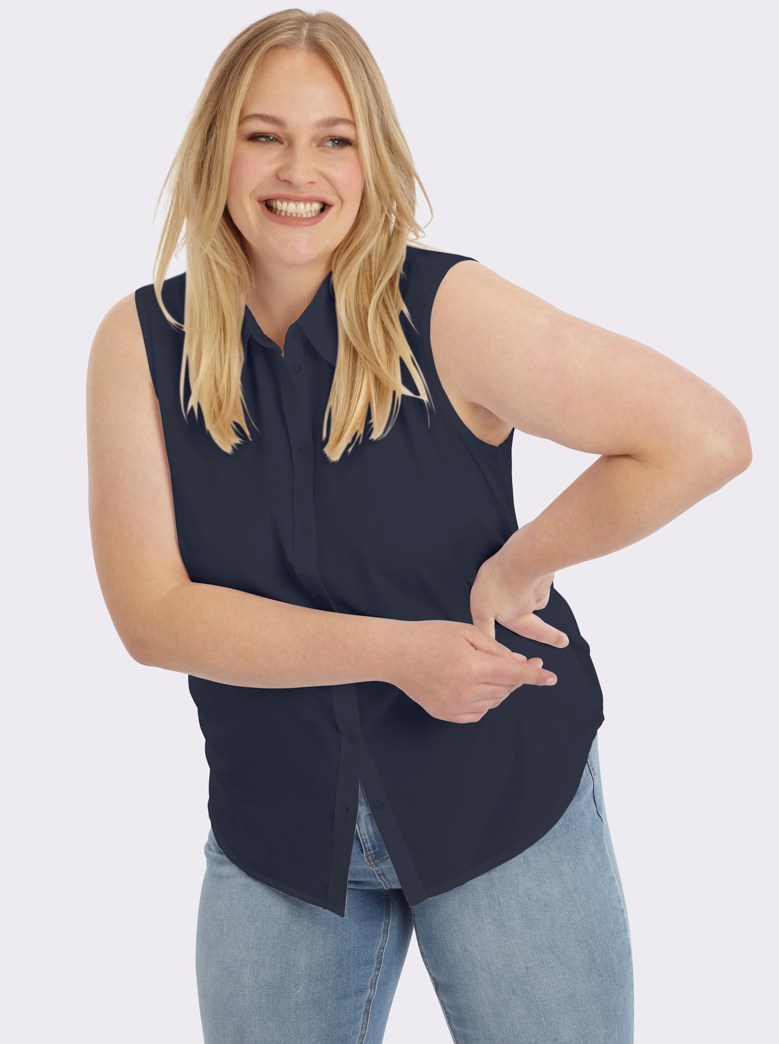 Ärmellose Bluse mit Hemdkragen - marine