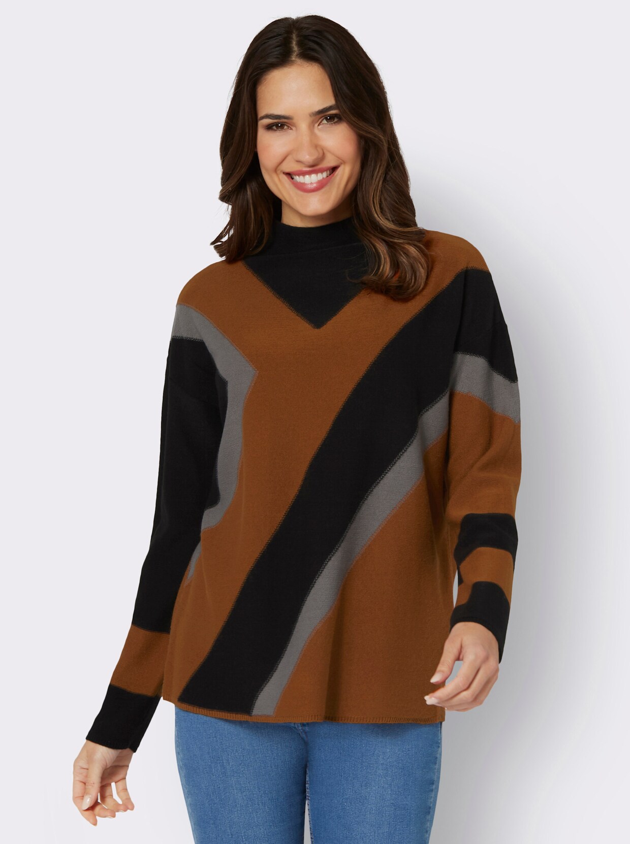 Langarm-Pullover - schwarz-cognac-gemustert