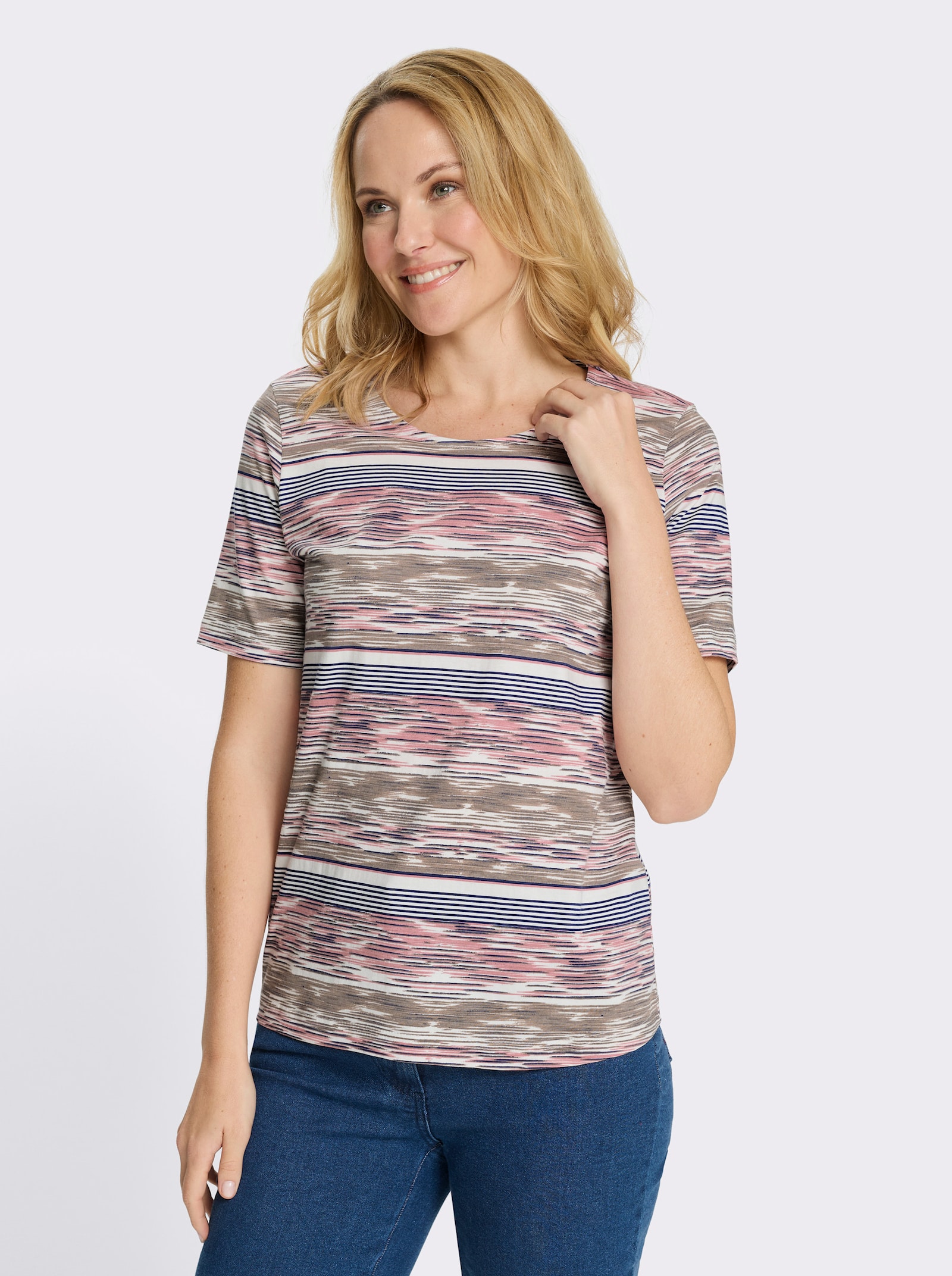 Kurzarmshirt mit Ringel-Druck rundum - flamingo-ecru-bedruckt