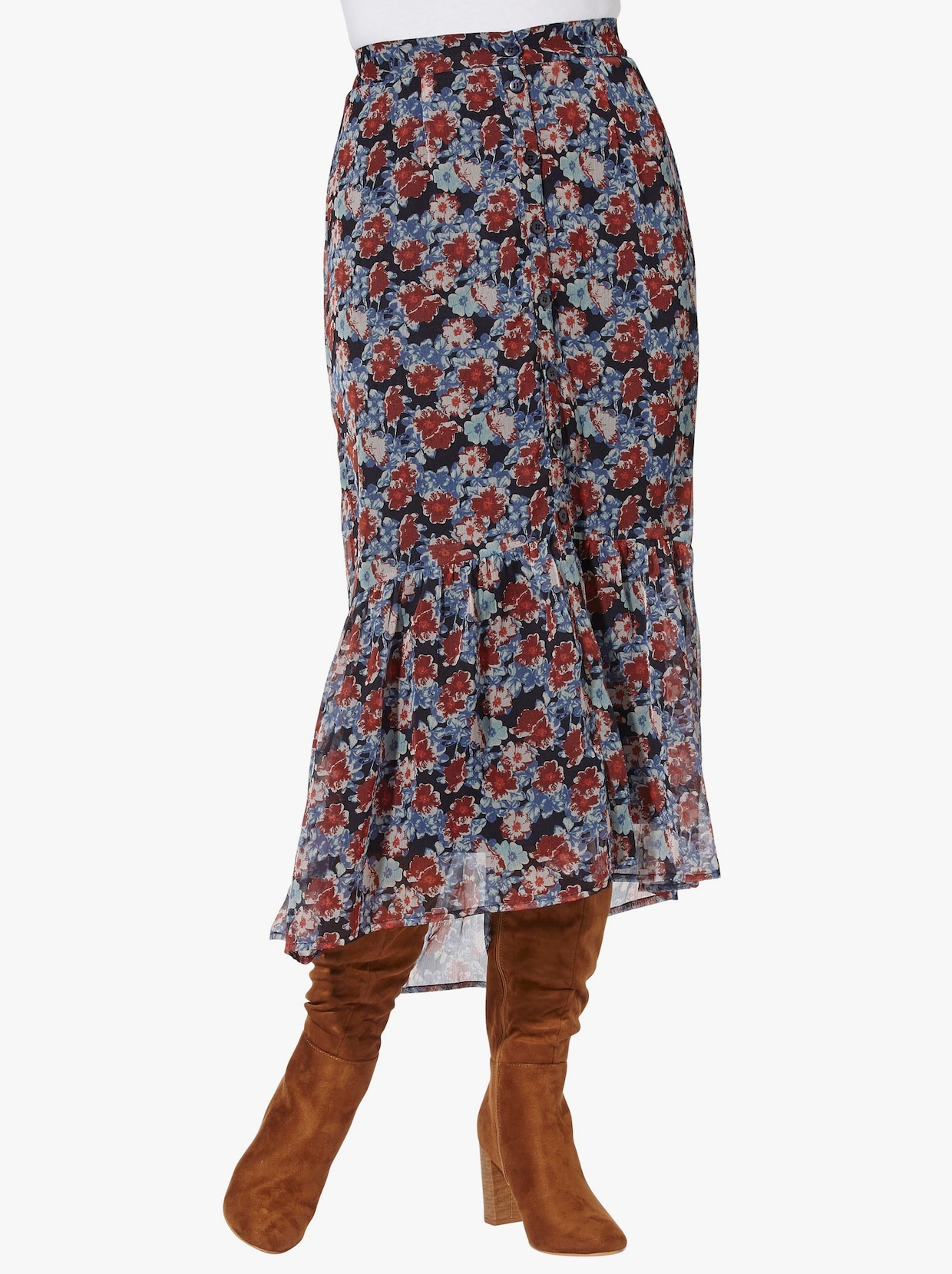 Šifónová sukňa - Námornícka modrá-červenohnedá potlač