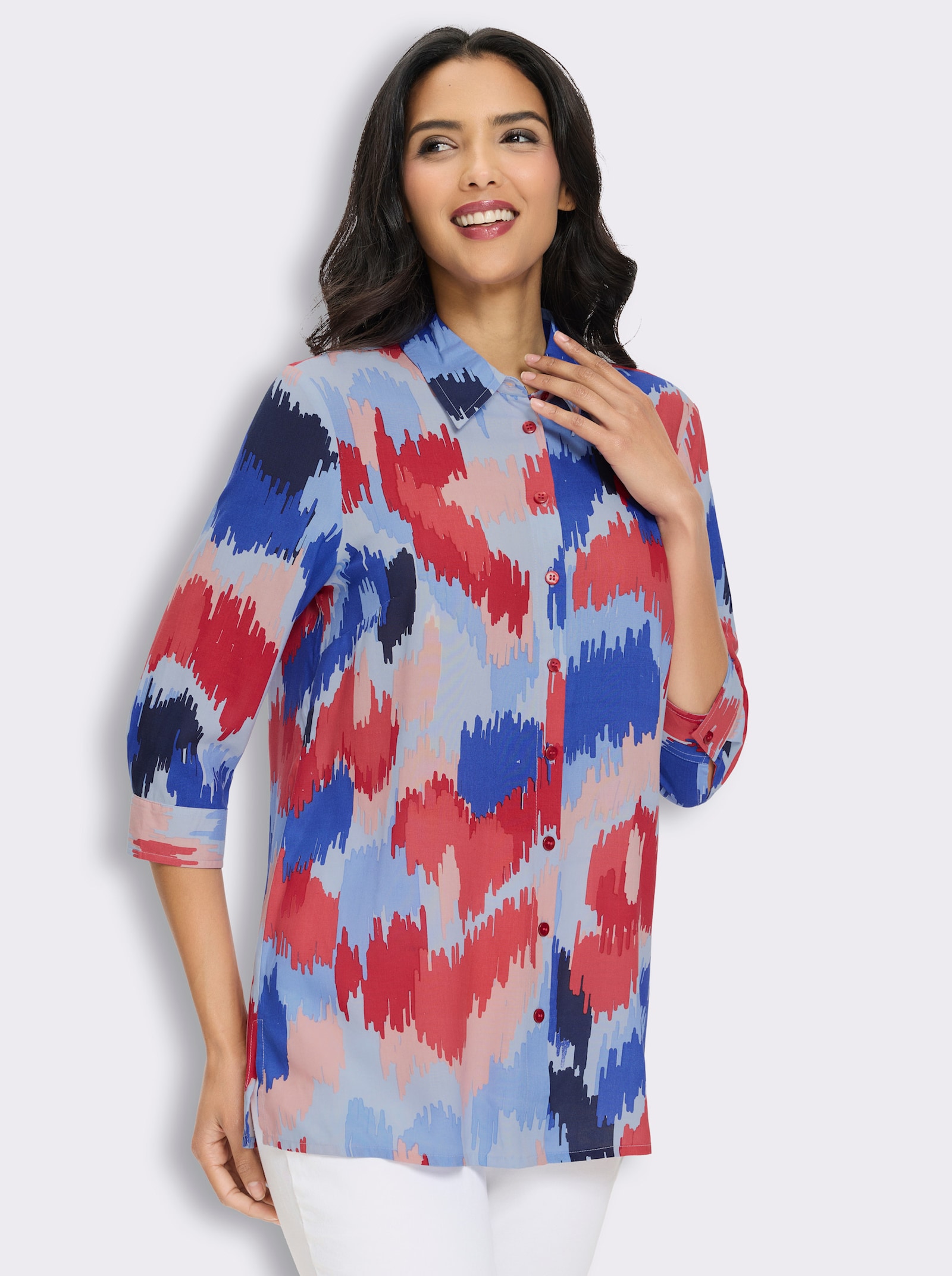 Longbluse in A-Form, aus reiner Viskose - hellblau-erdbeere-bedruckt