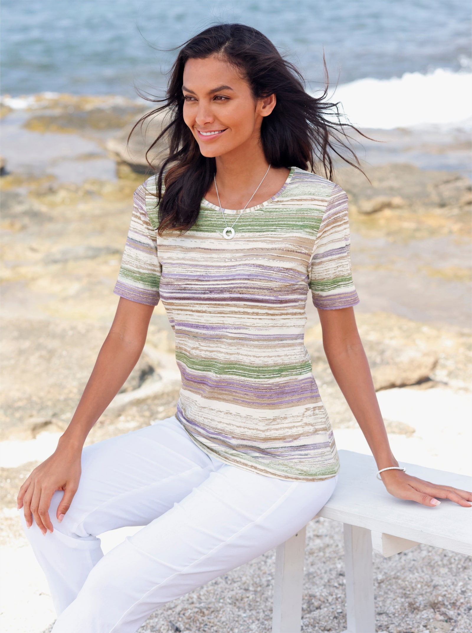 Print-Shirt mit Ringelmuster - eucalyptus-lavendel-bedruckt