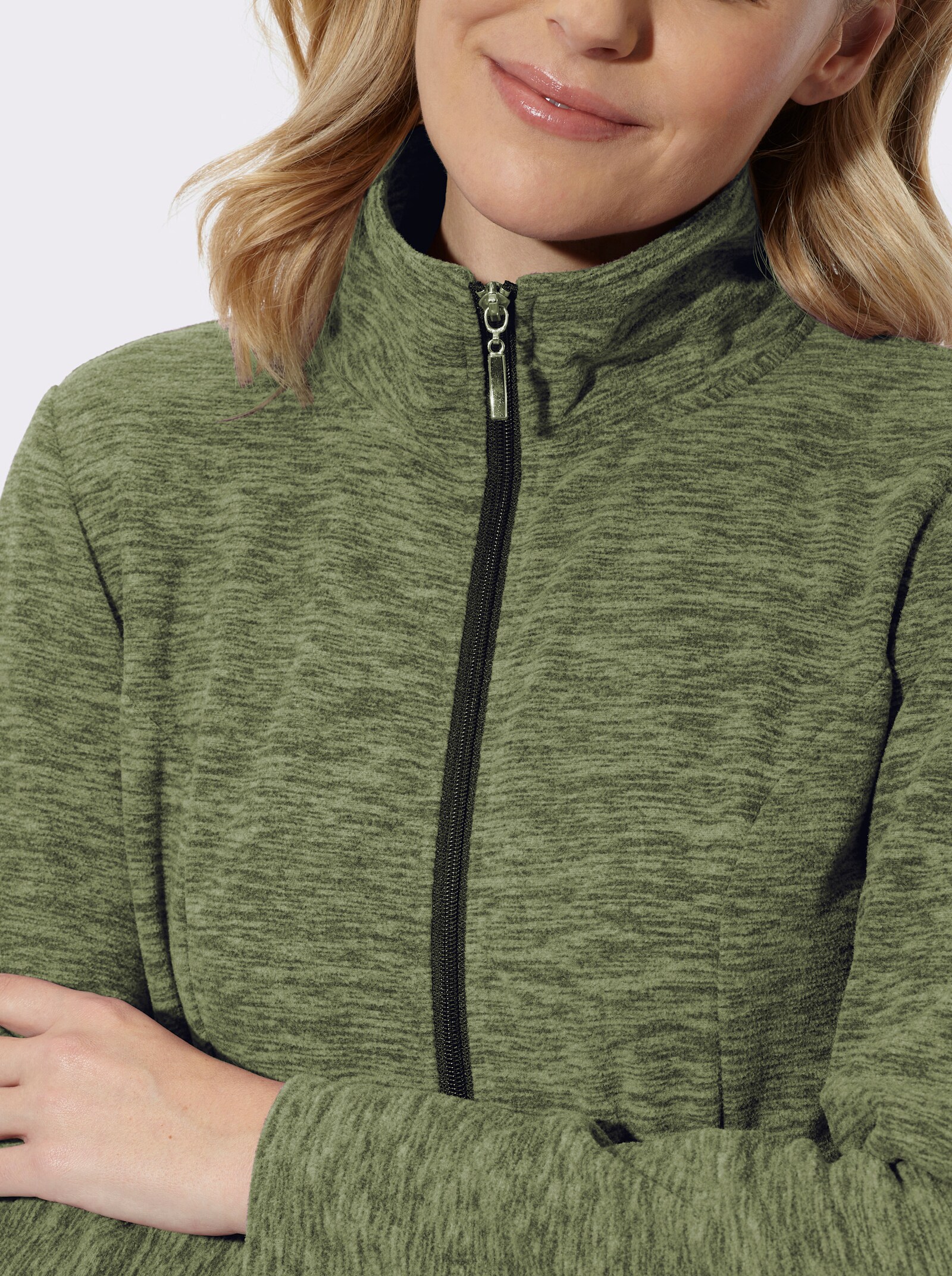  Fleecejacke in Longform - khaki-schilf-meliert