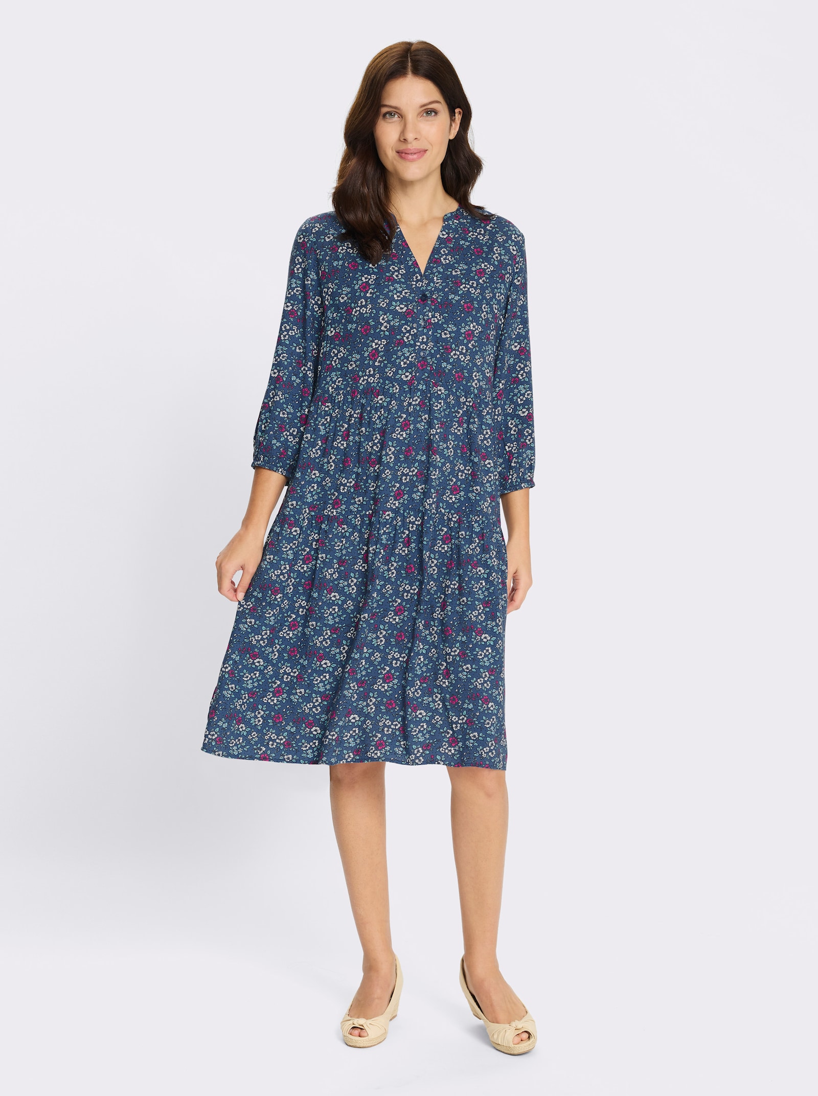 Stufenkleid mit 3/4-Ärmeln - jeansblau-fuchsia-bedruckt