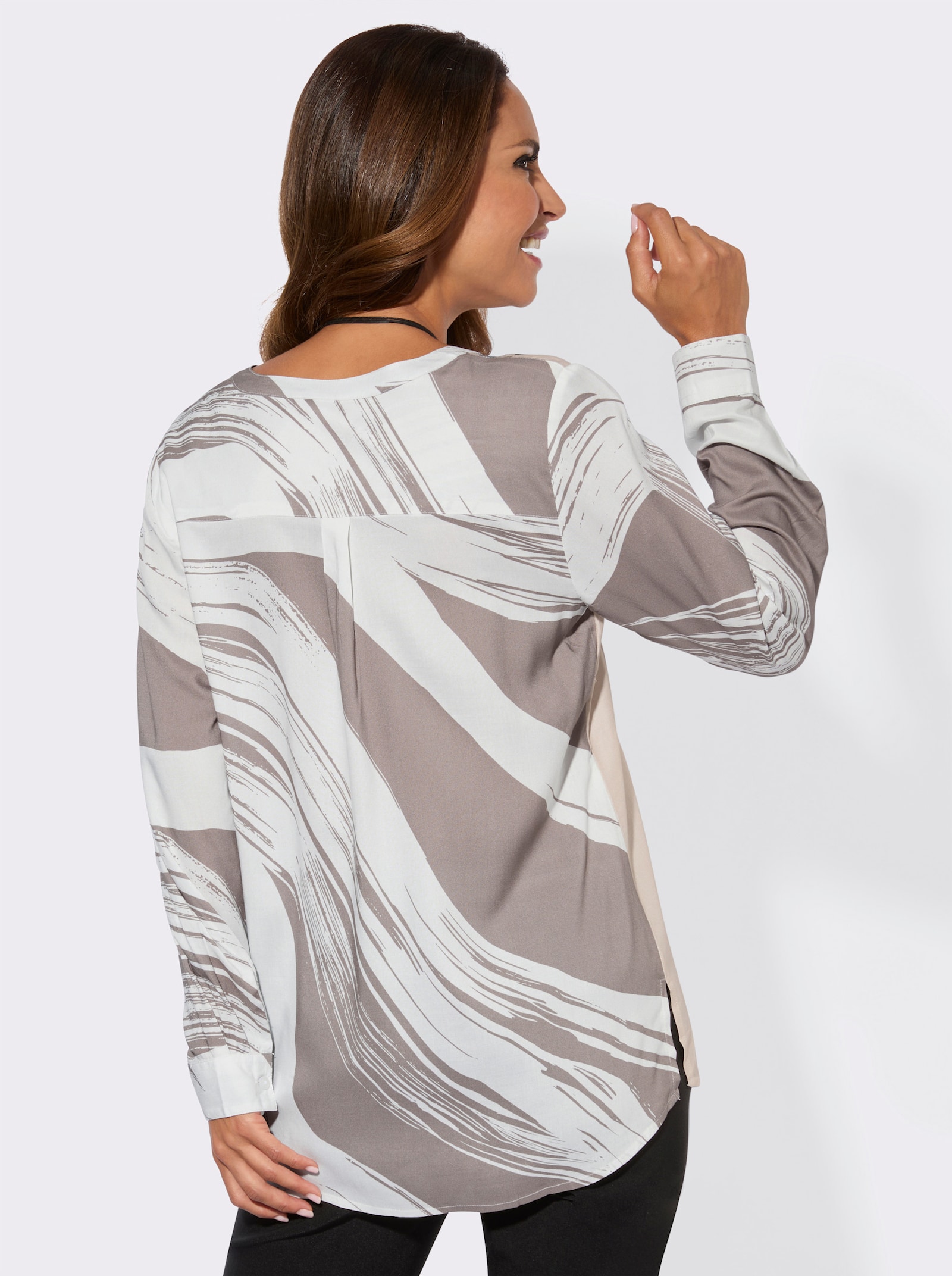 Schlupfbluse mit Kellerfalte hinten - ecru-taupe-bedruckt
