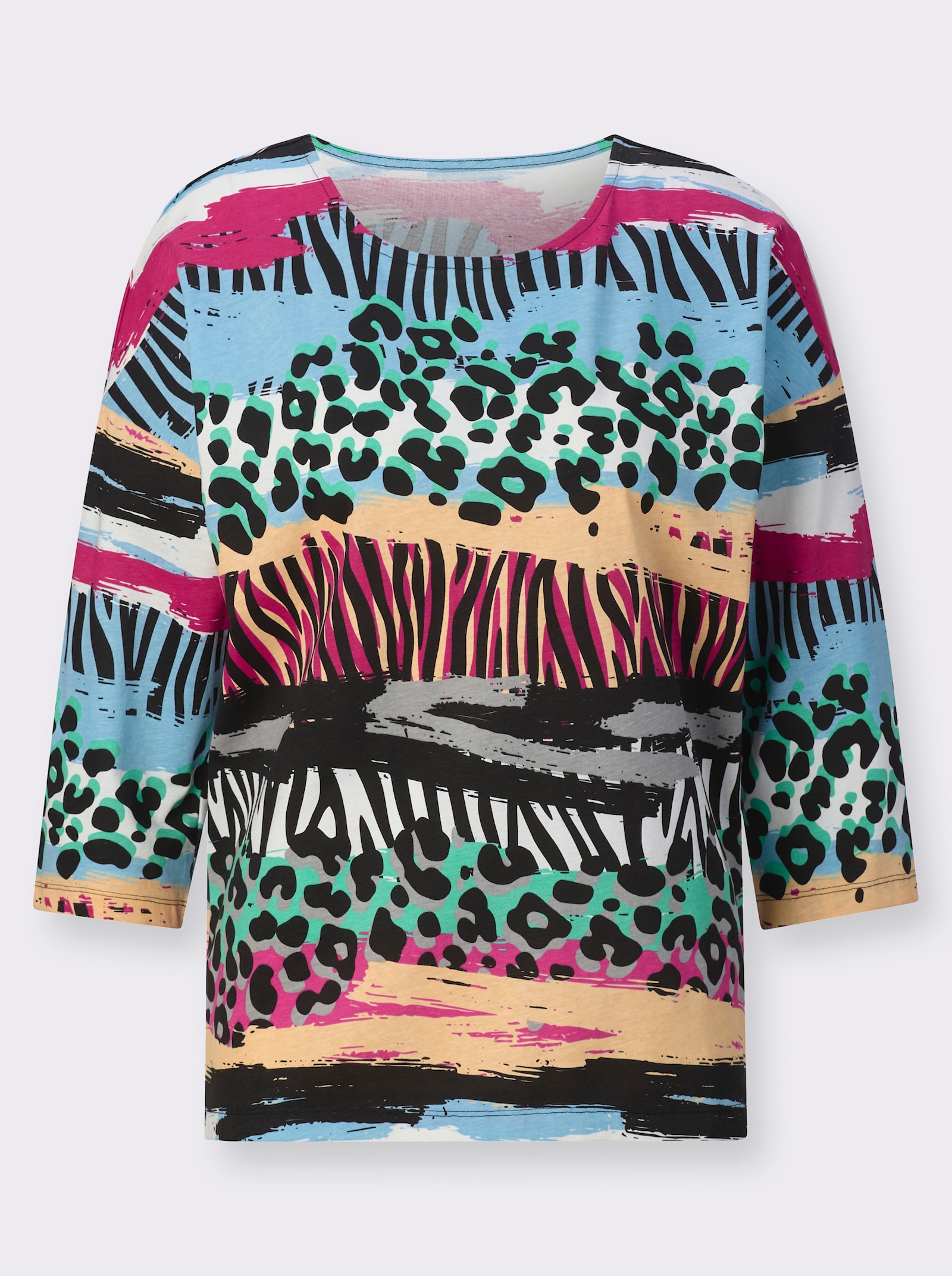 Rundhalsshirt im Mustermix - schwarz-pink-bedruckt