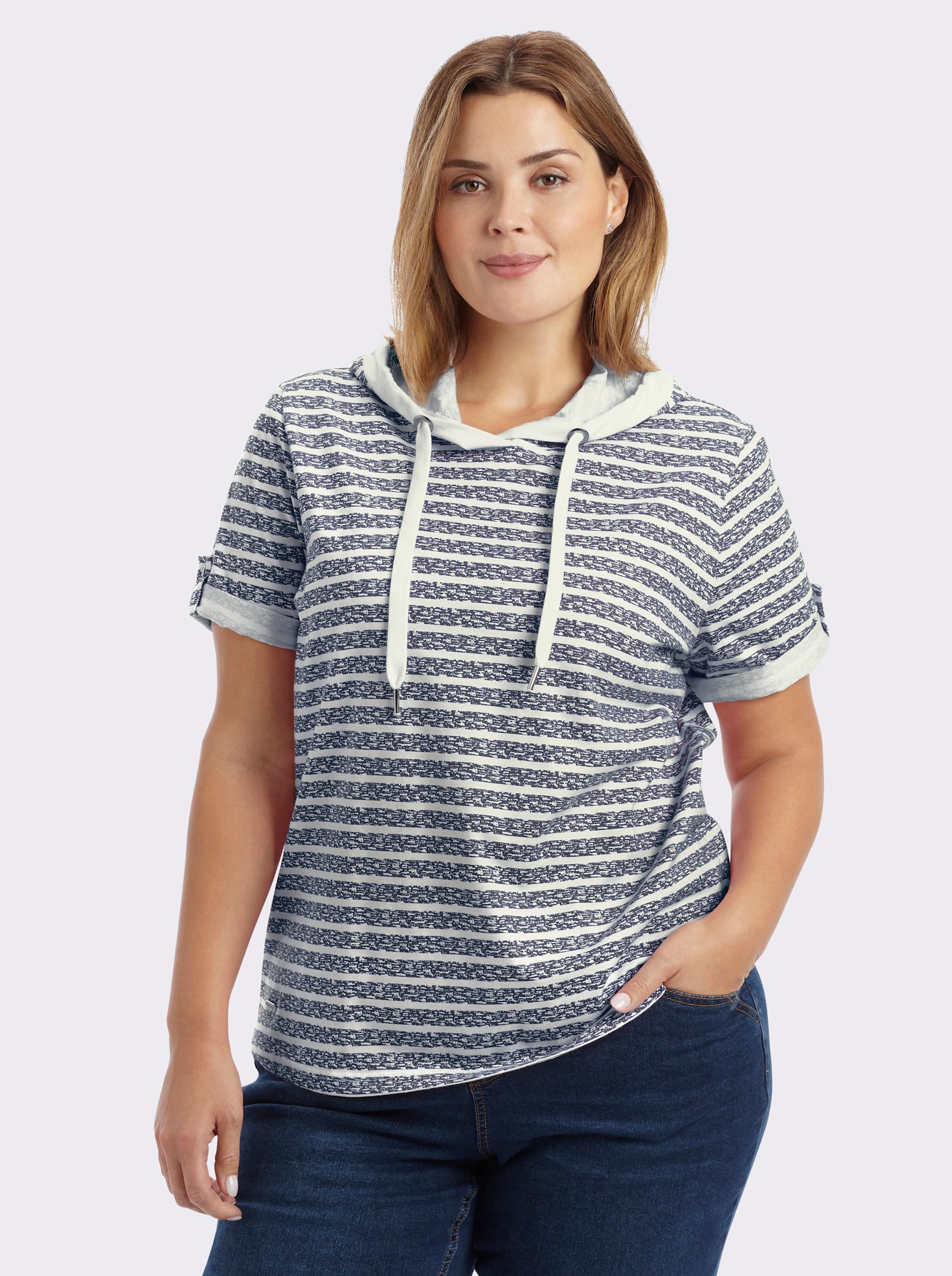 Kapuzenshirt aus reiner Baumwolle - marine-ecru-geringelt