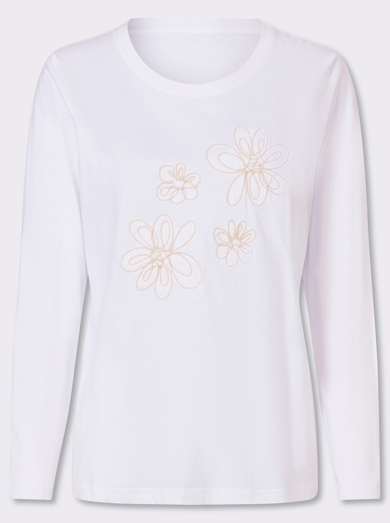 Langarmshirt mit Kordelstickerei und Zierperlen - ecru