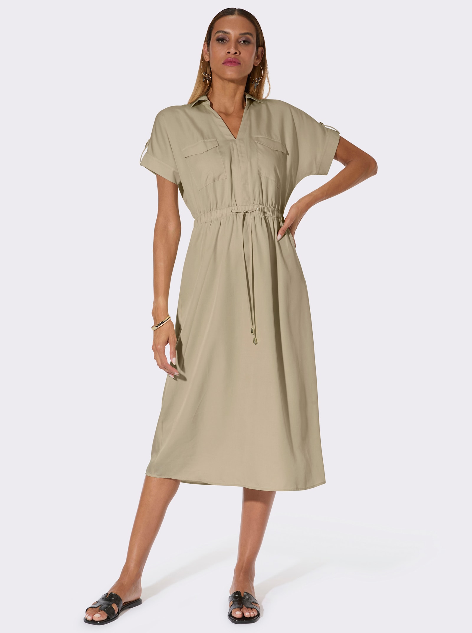 Webkleid mit Brust-Pattentaschen - sand