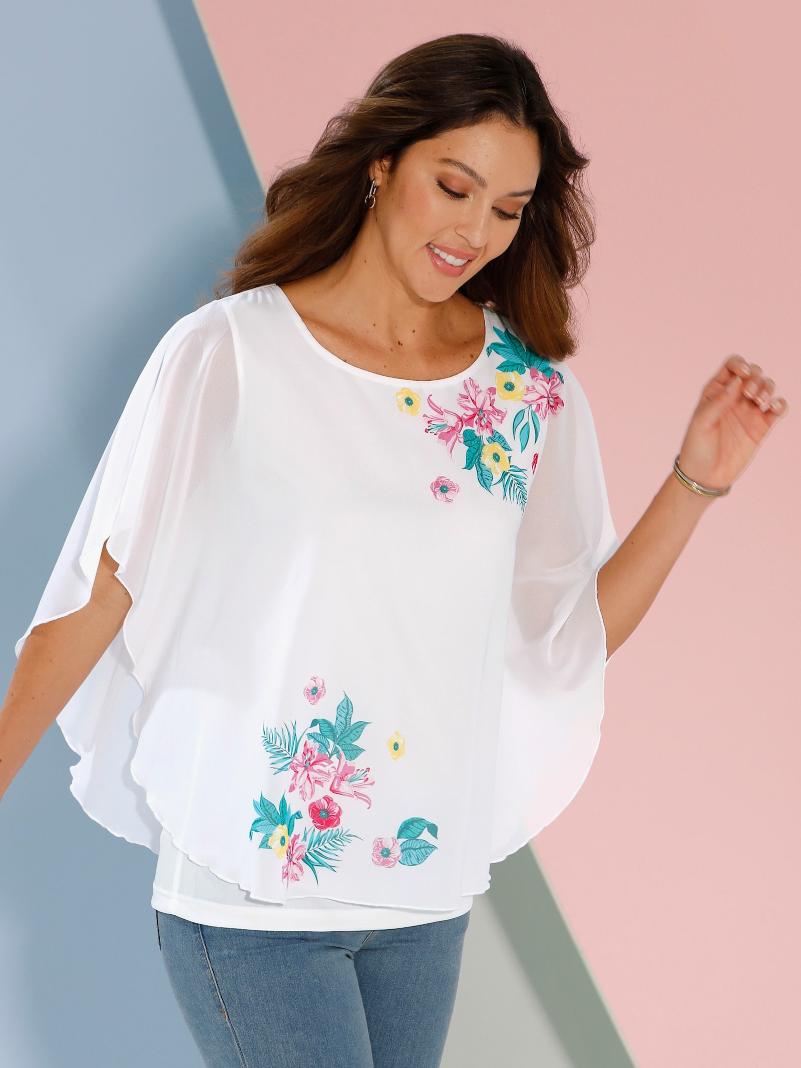 Georgette blouse in 2-in-1-look - wit/roze bedrukt