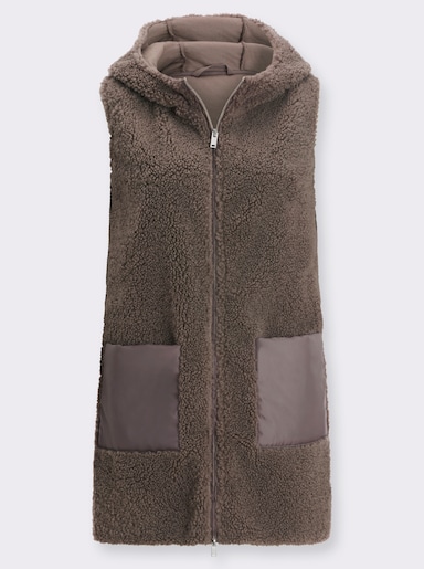 Lange bodywarmer van zacht teddyfleece - taupe