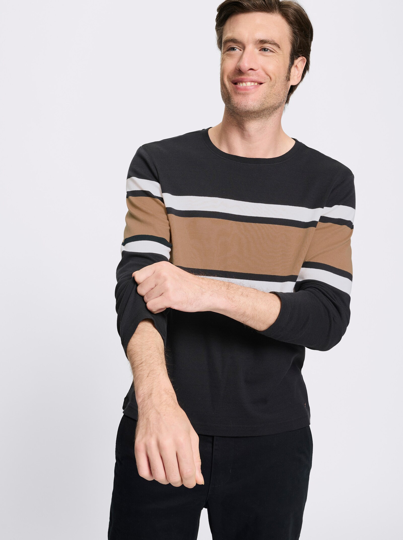 Marco Donati Langarmshirt in Ripp-Optik, garngefärbt - schwarz-camel