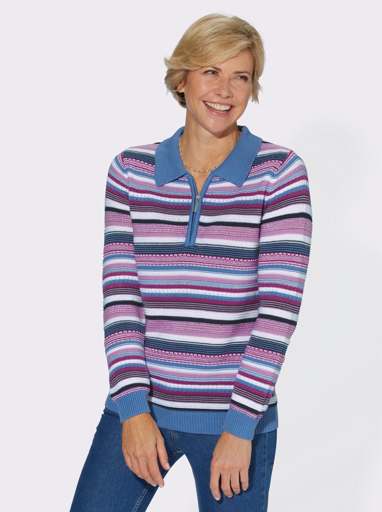 Langarm-Pullover mit Struktur- und Ajourmuster-Mix - kornblume-erika-geringelt