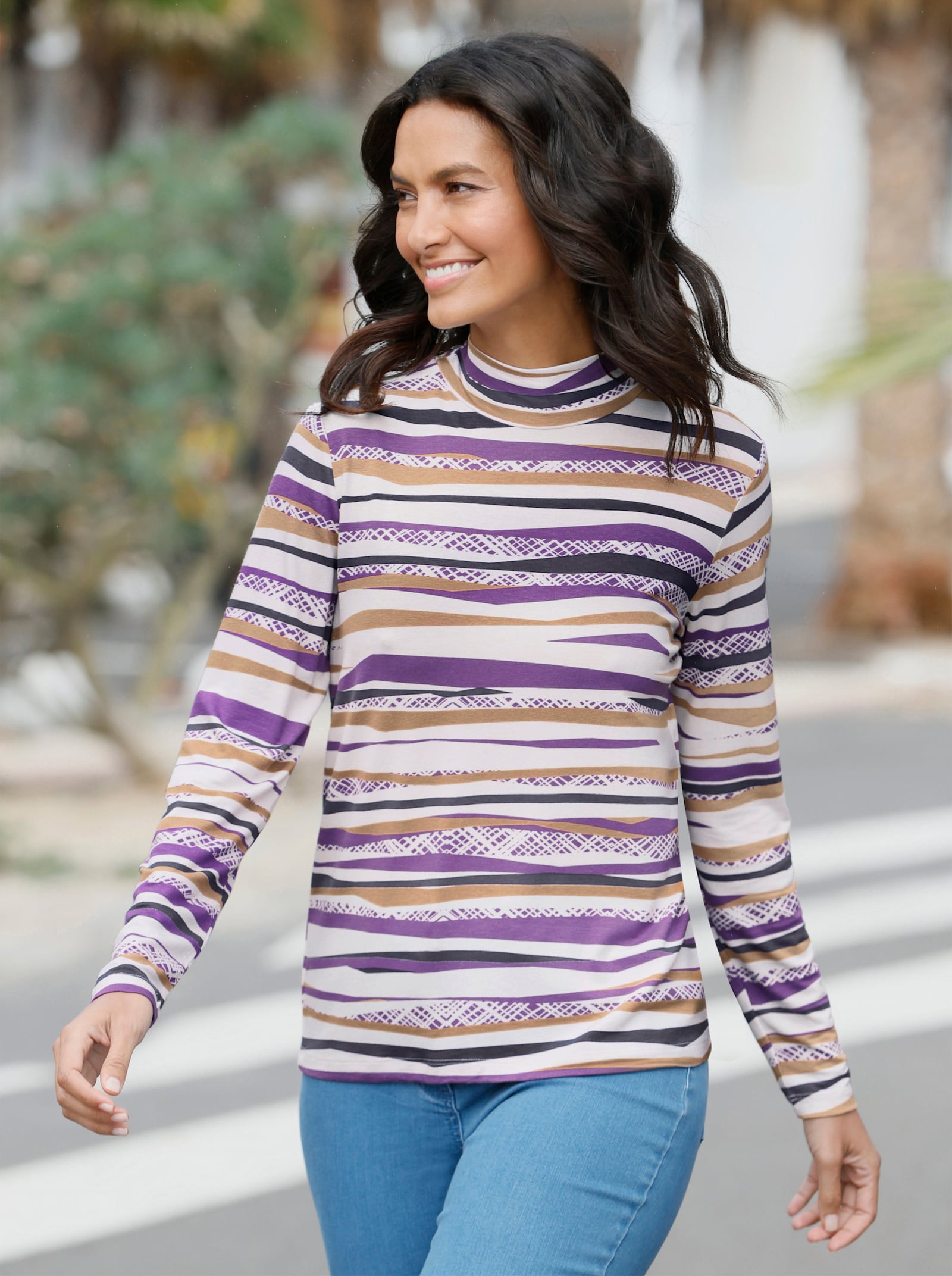 Shirt met lange mouwen en print - camel/lila bedrukt