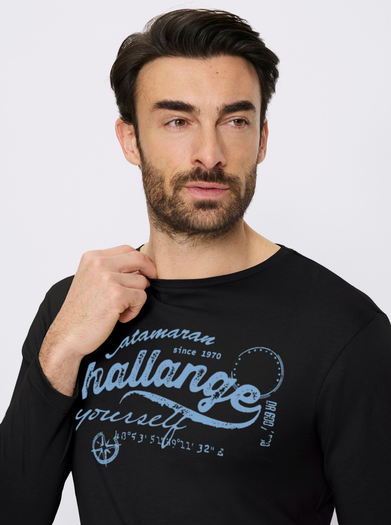 Catamaran Langarmshirt mit Front-Print - schwarz-bleu-bedruckt