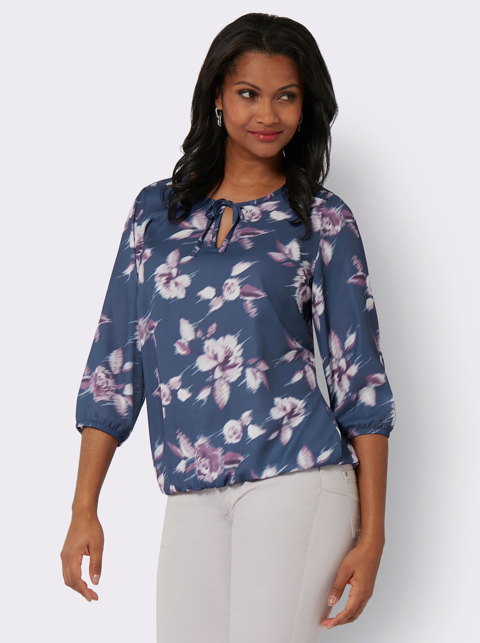 Druckbluse mit Smok-Einsatz - marine-rosé-bedruckt