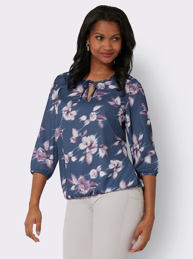 Druckbluse mit Smok-Einsatz - marine-rosé-bedruckt