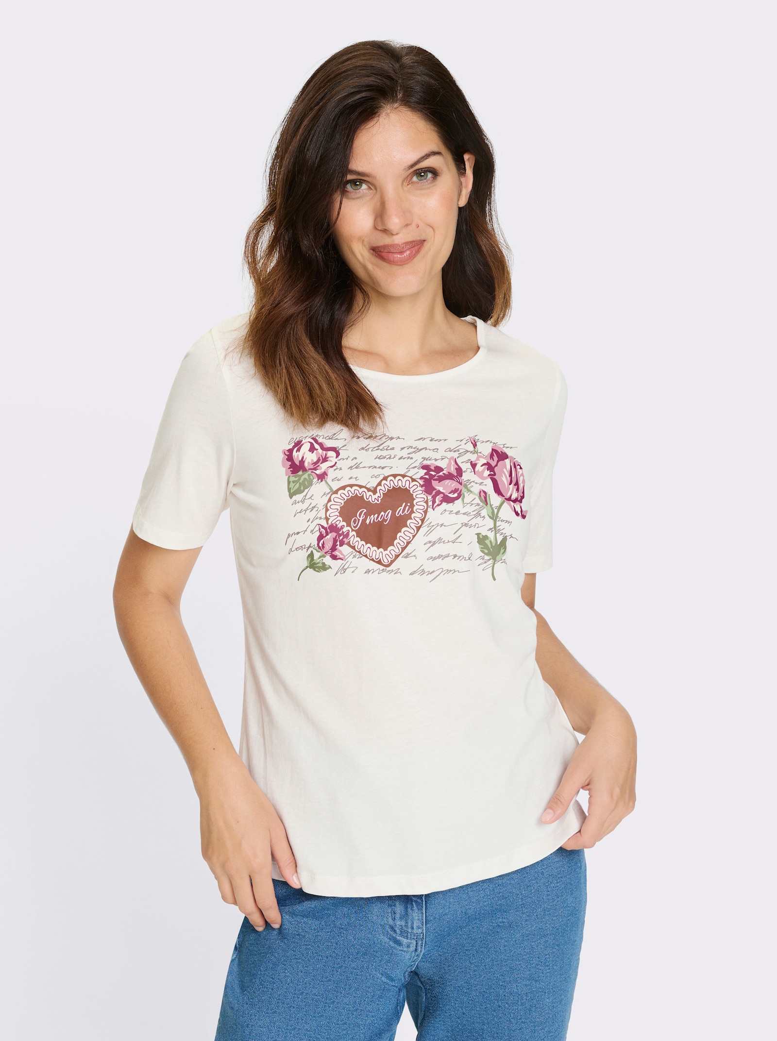 Folkloreshirt met op dessin geplaatste bloemenprint - ecru/oudroze