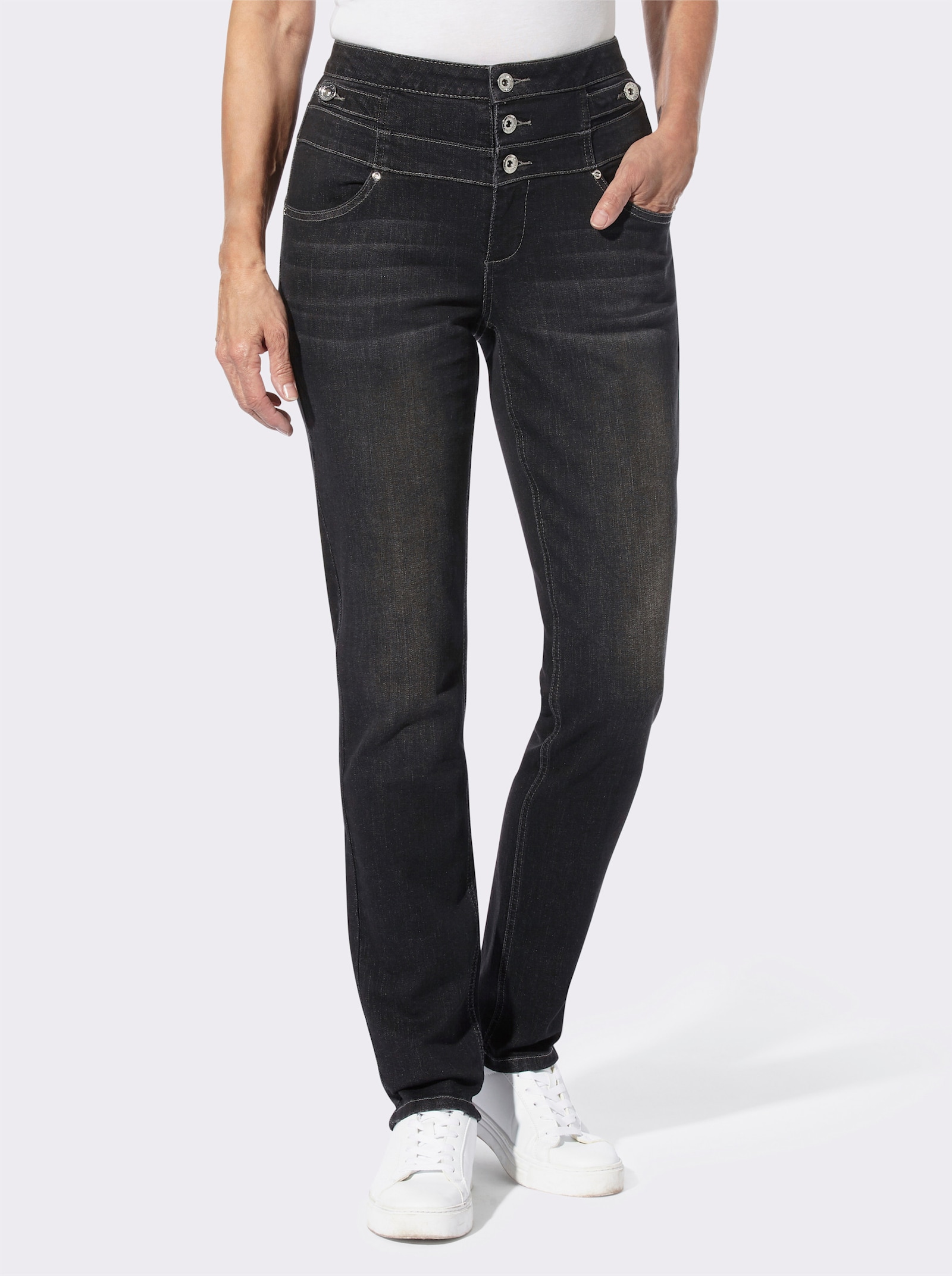 Jeans met rits- en 3-knoops sluiting - black denim